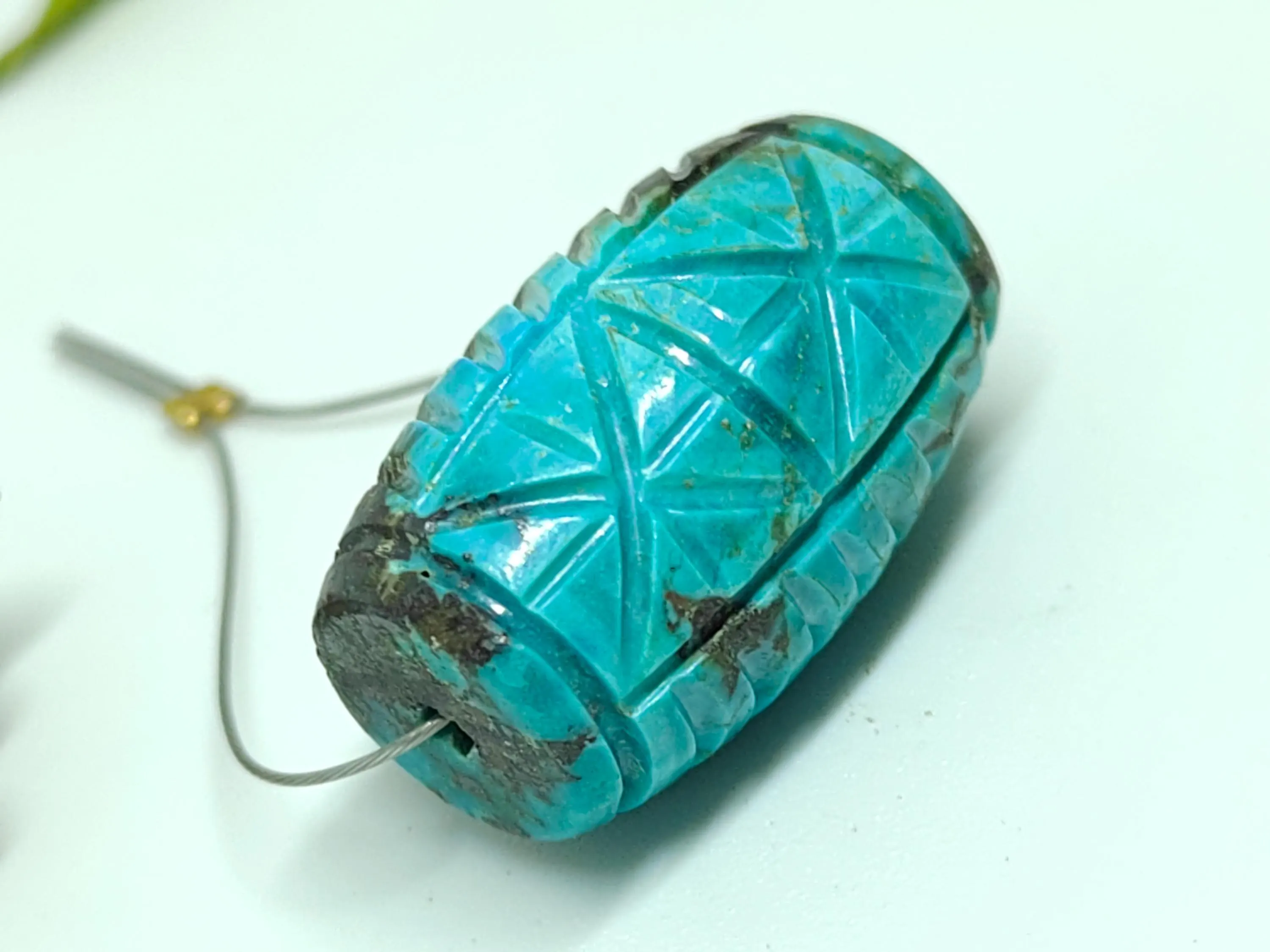 Hand Carved Turquoise Barrel Beads- Blue With Natural Matrix, Unique Beads For Jewelry Making - image 4