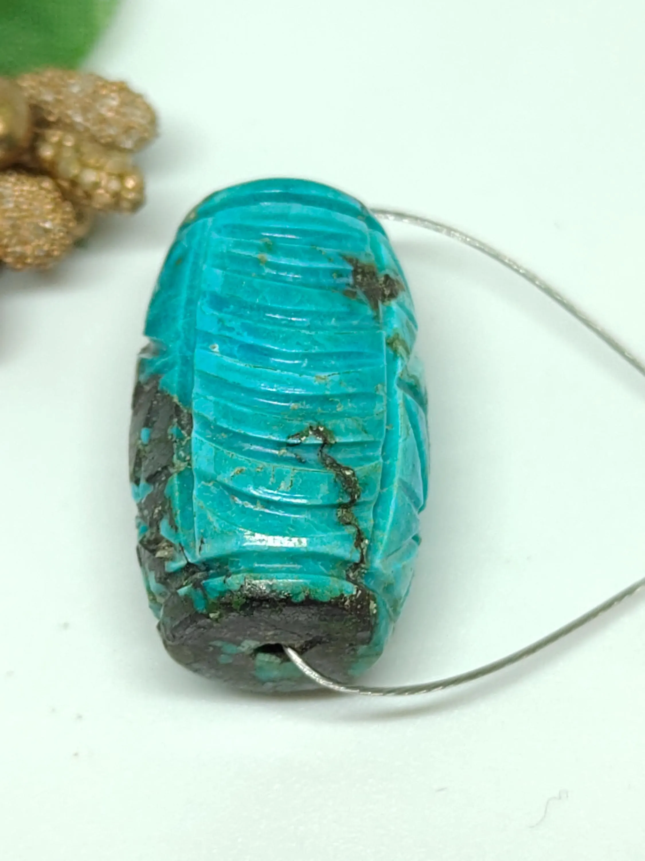 Hand Carved Turquoise Barrel Beads- Blue With Natural Matrix, Unique Beads For Jewelry Making - image 3