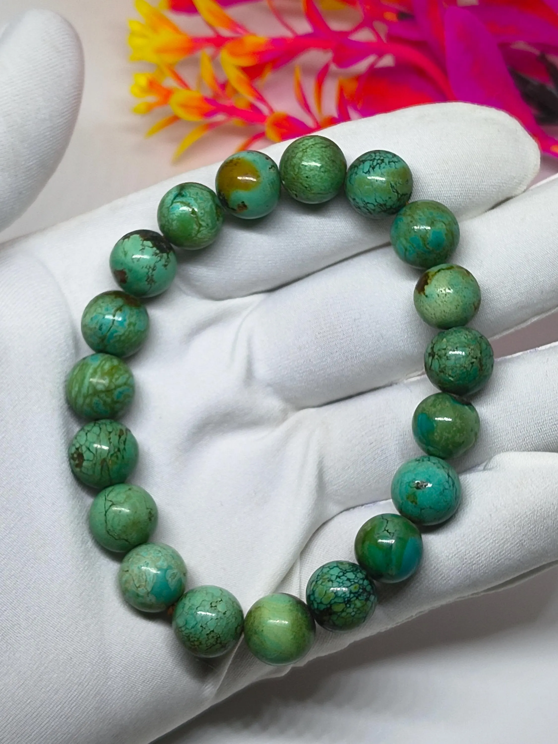 Tibetan Turquoise Bead Stretch Bracelet: Polished Gemstone Jewelry, 11mm - image 4