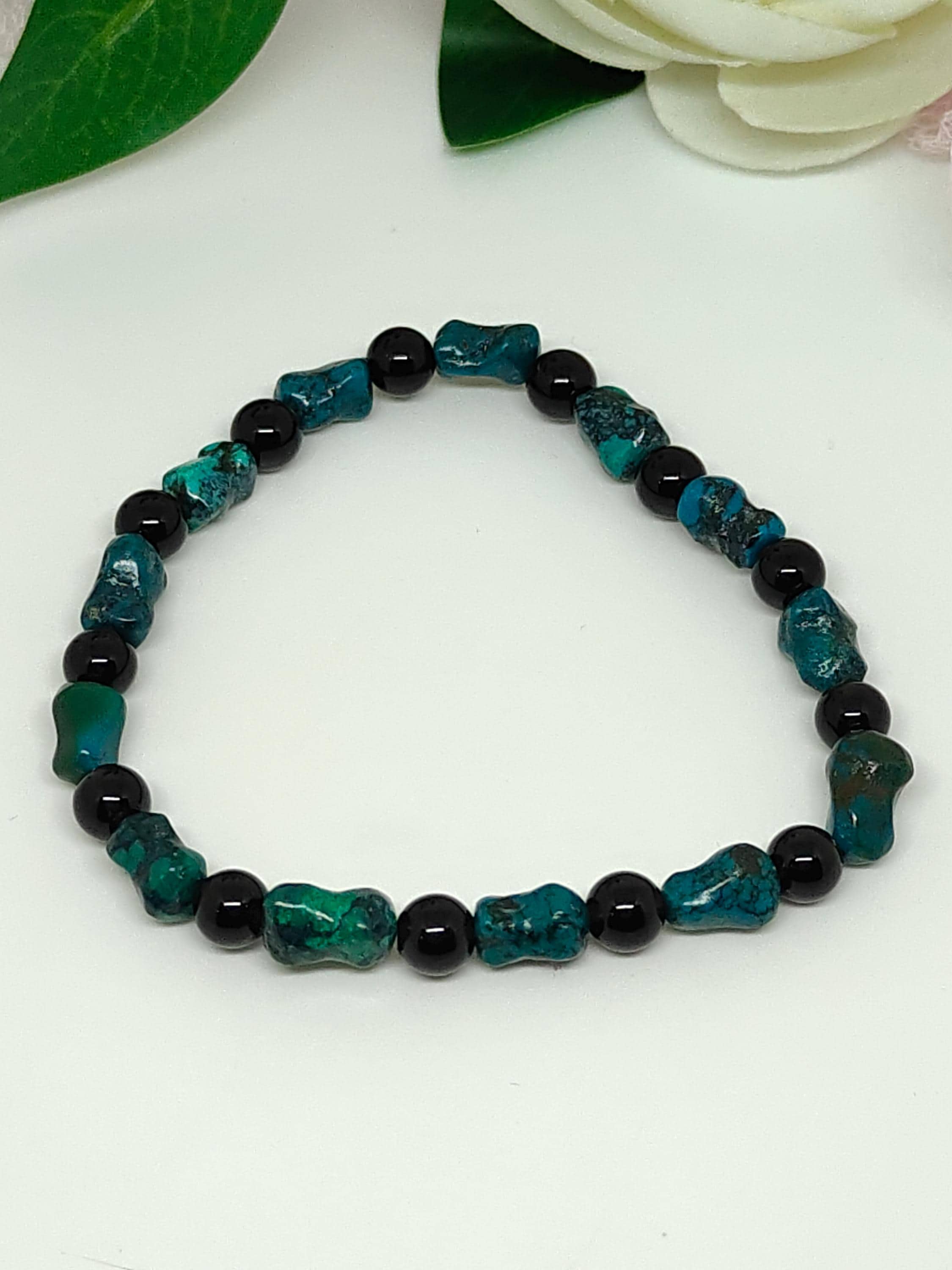 AAA Turquoise Tumble Bead Bracelet: Black Glass & Gemstone Stretch Jewelry - image 3