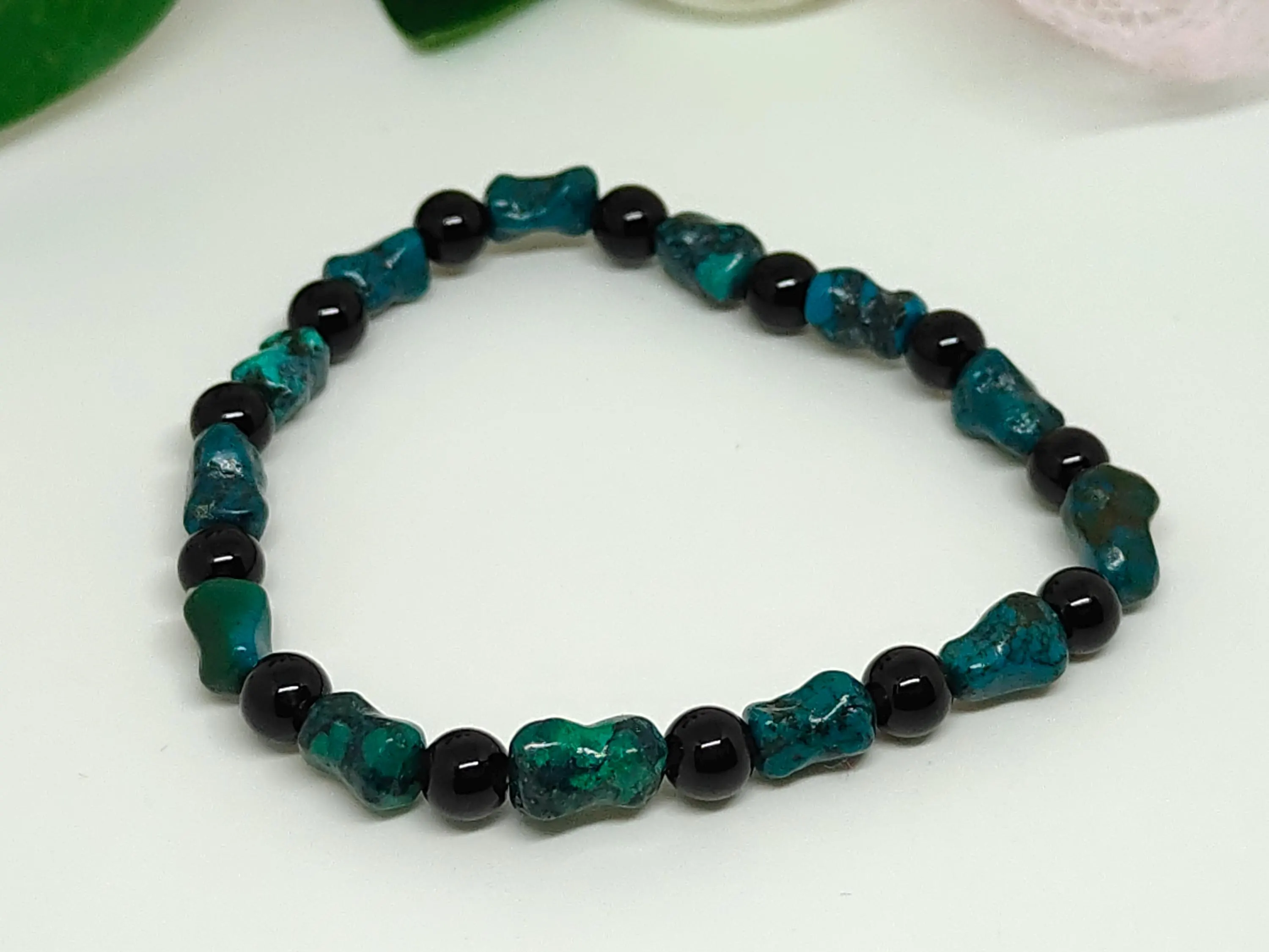 AAA Turquoise Tumble Bead Bracelet: Black Glass & Gemstone Stretch Jewelry - image 4