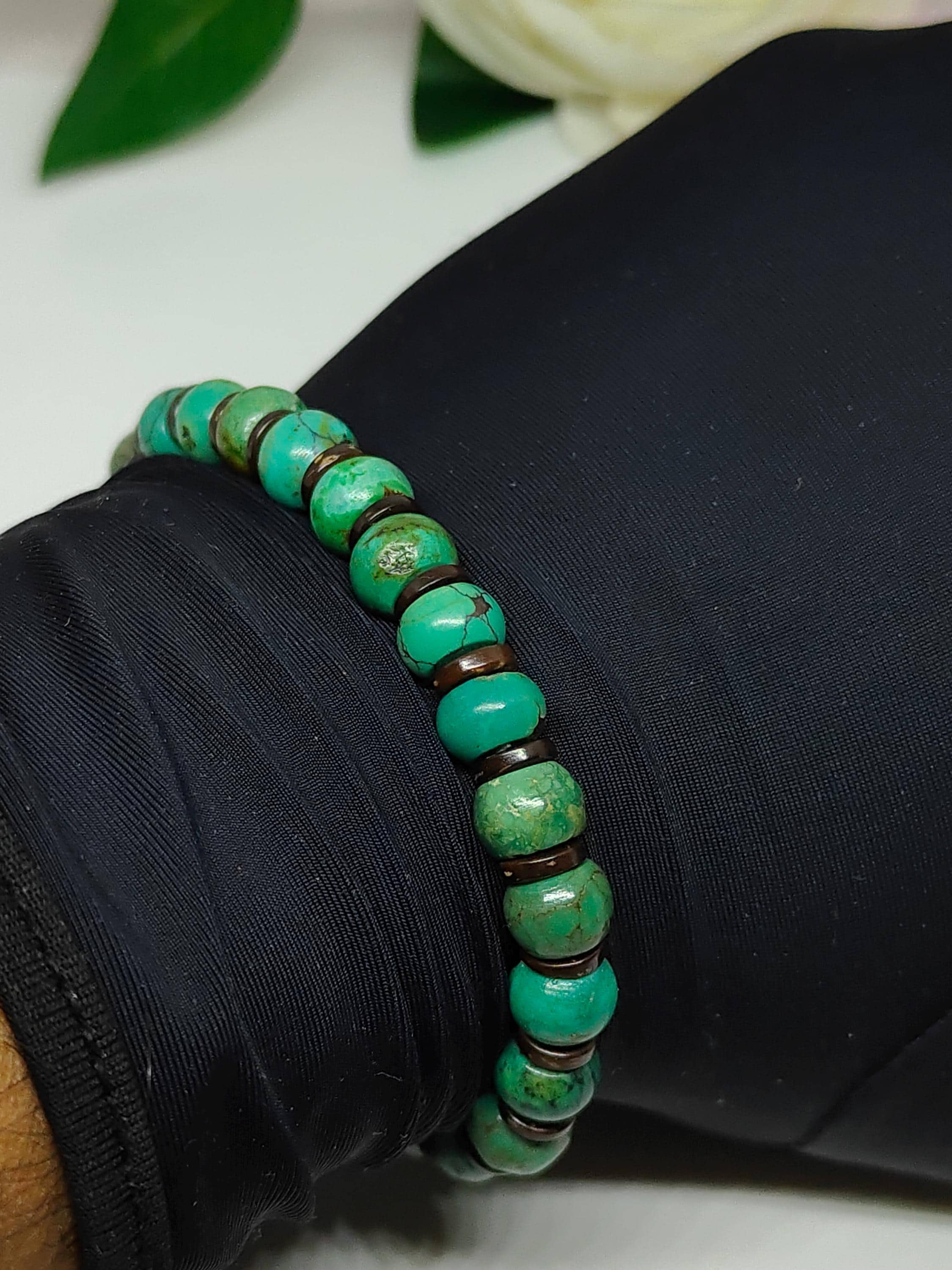Natural Turquoise Stretch Bracelet: Tibetan Gemstone Rondelle Beads - image 4