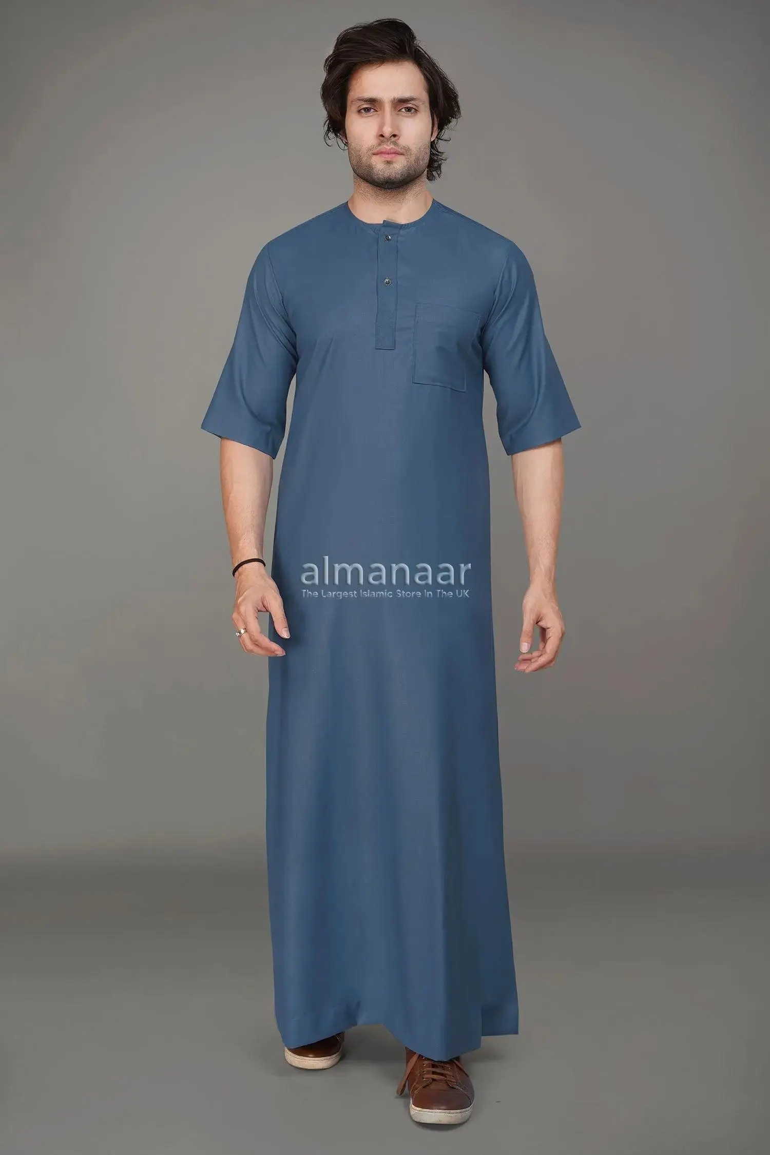 Short Sleeve Sky Blue Thobe – Comfortable Button-Up Men’s Islamic Wear - image 3