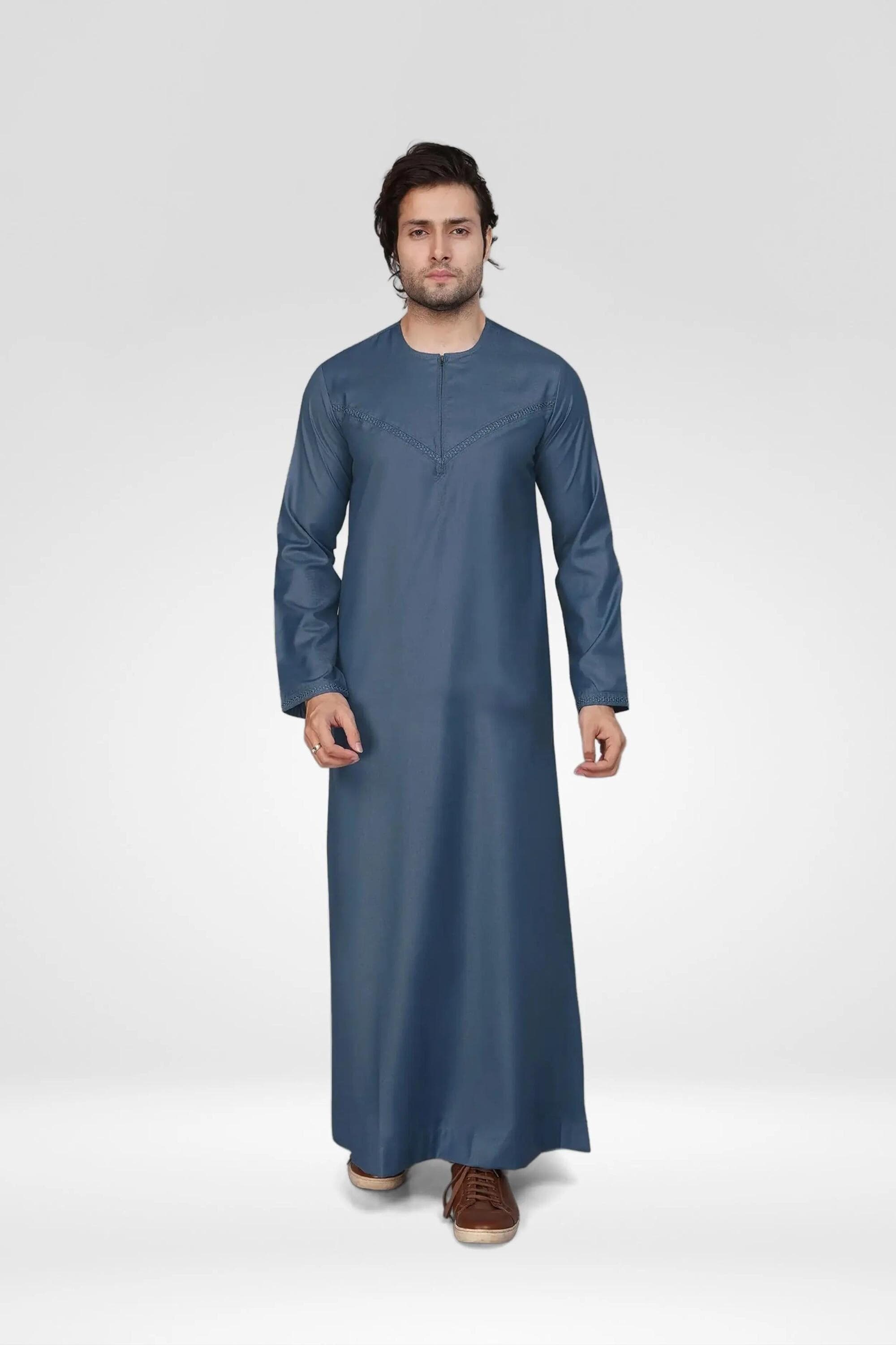 Omani Thobe Premium With Front Zip – Sky Blue Men’s Jubba for Elegant & Comfortable Islamic Wear