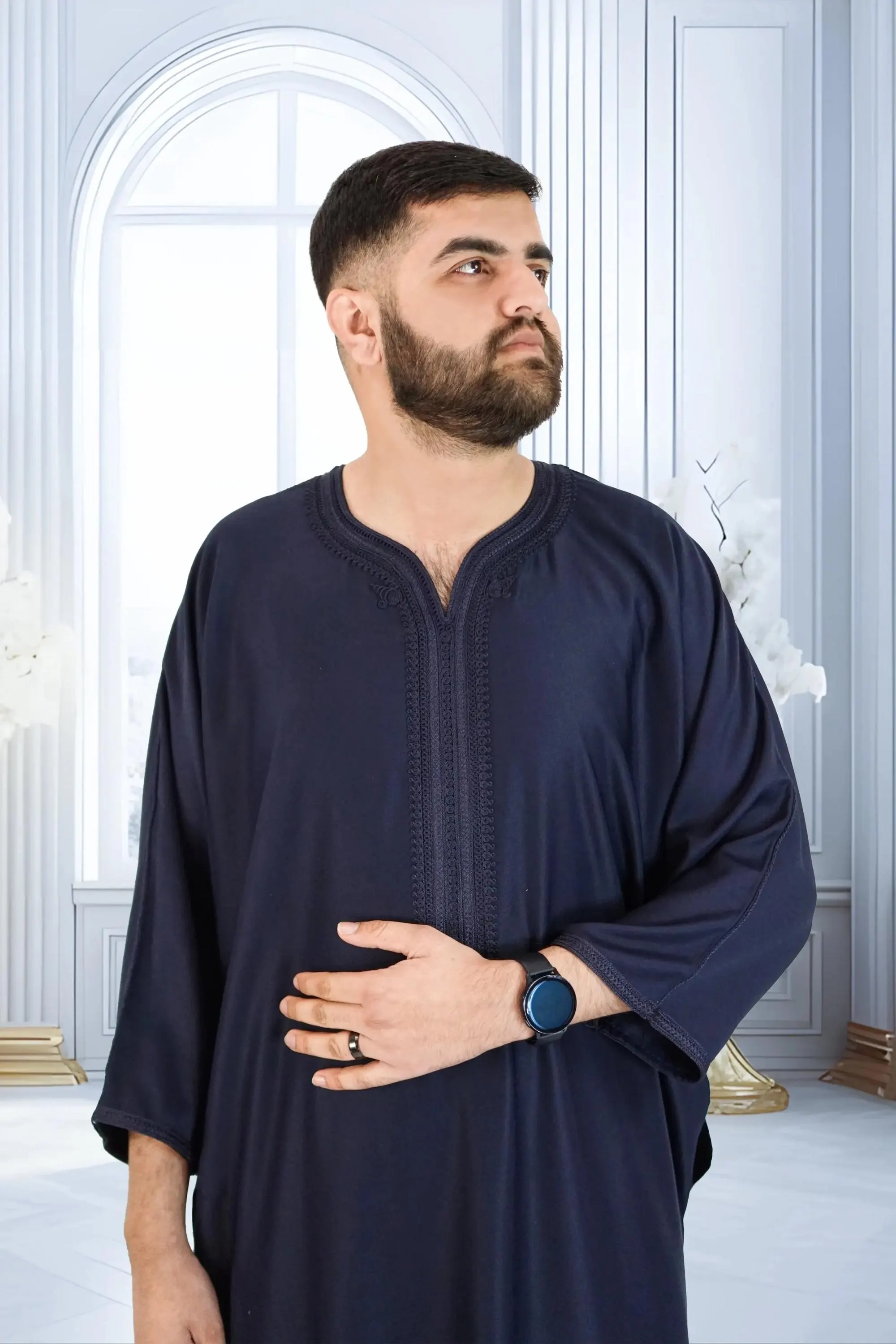 Moroccan Gabardine Short Sleeve Thobe – Navy Traditional Men’s Jubba with Elegant Embroidery - image 4
