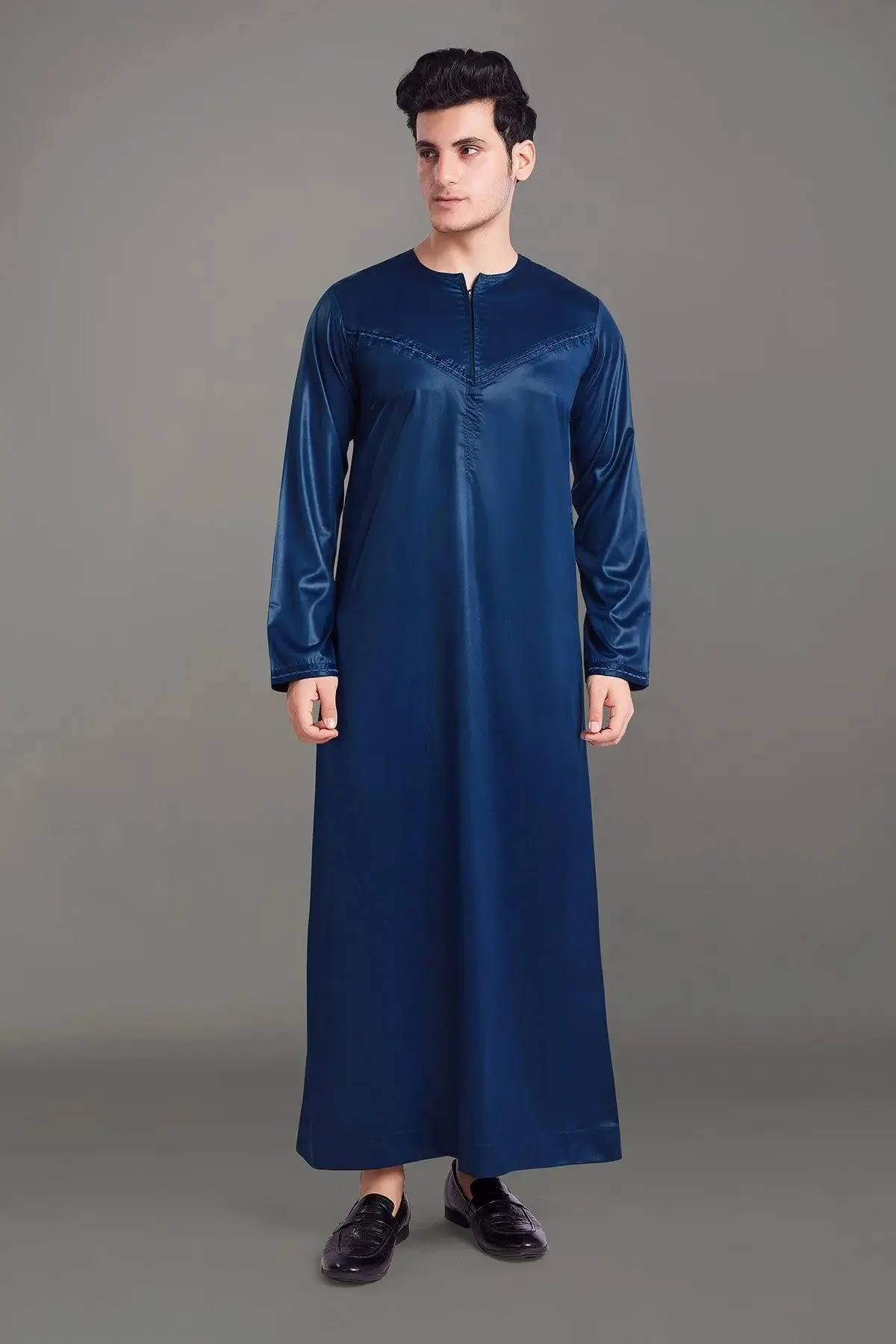 Premium Shiny Omani Thobe with Front Zip – Navy Blue Luxurious & Elegant Men’s Jubba - image 3