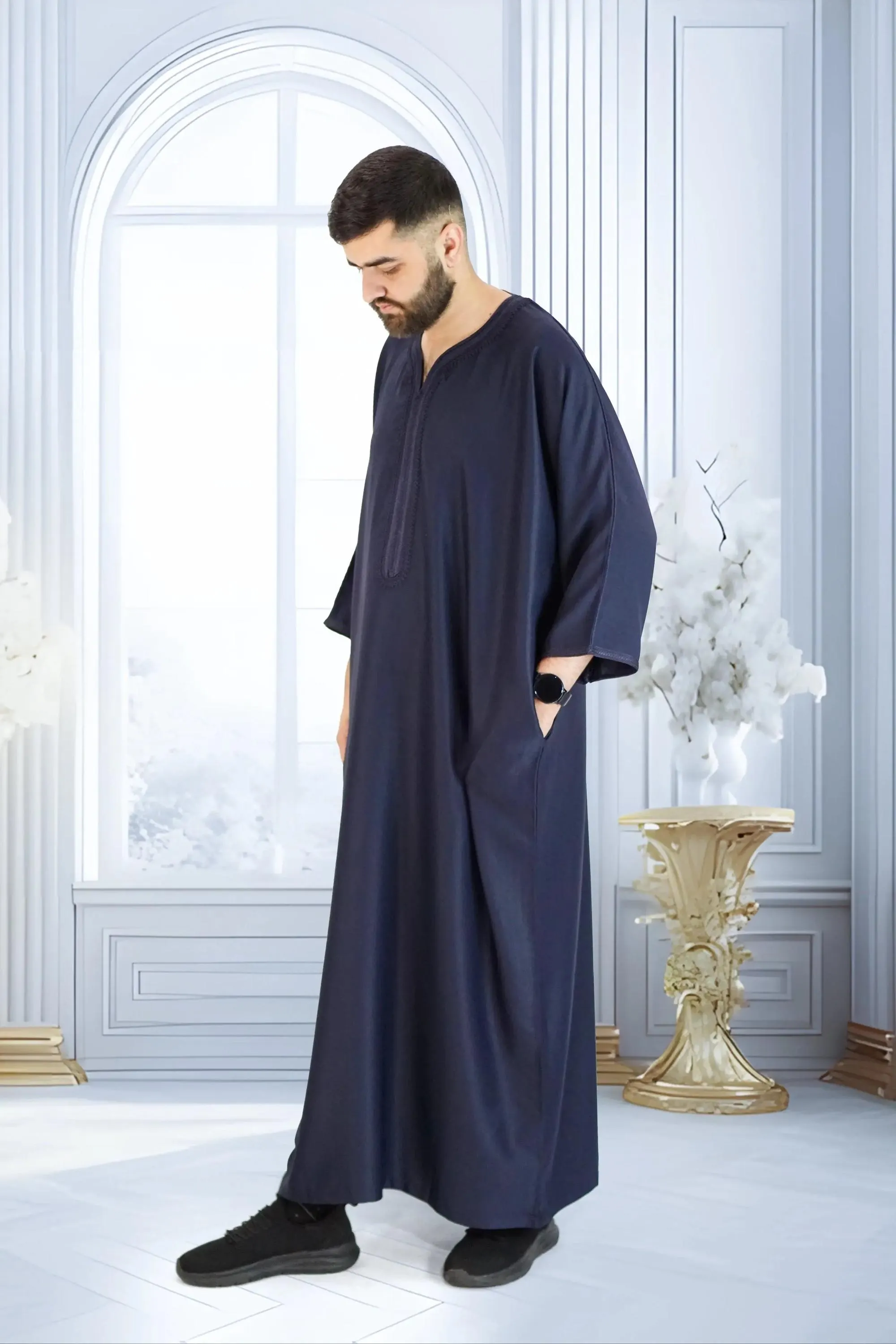 Moroccan Gabardine Short Sleeve Thobe – Navy Traditional Men’s Jubba with Elegant Embroidery - image 3