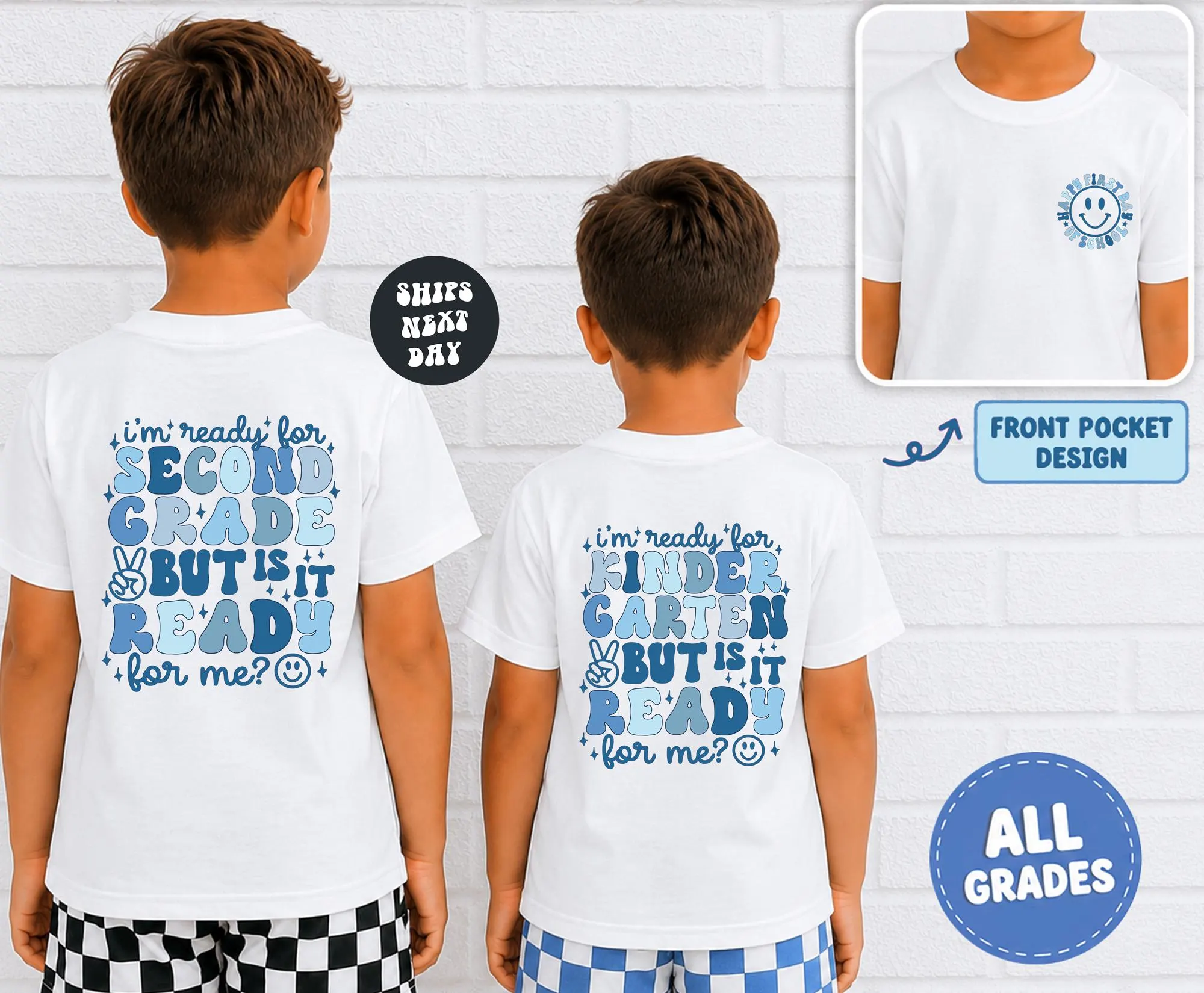 two children wearing white t-shirts with text and graphics related to school, specifically a "Second Grade but is it ready for me?" design.