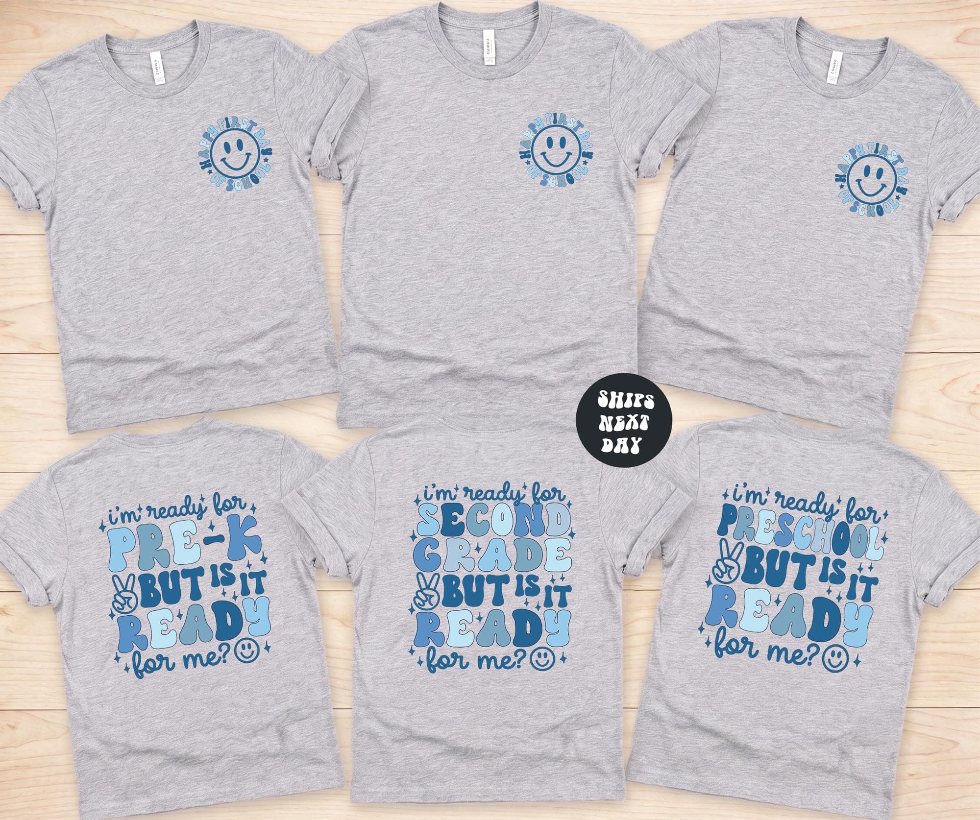 a collection of gray t-shirts with various phrases and designs printed on them.
