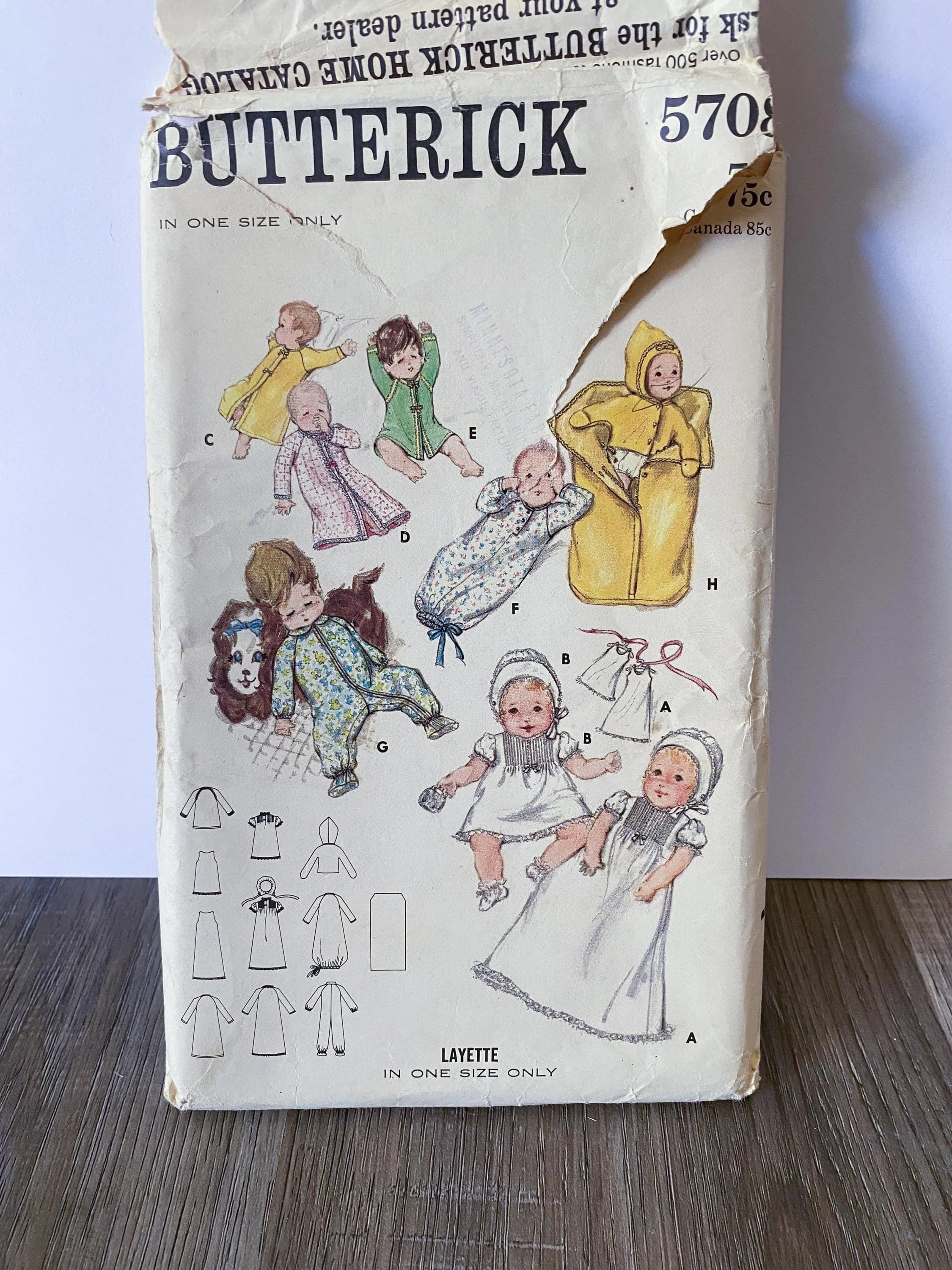 Butterick 5708 Vintage Sewing Pattern, Baby's Layette, Baby's Clothes, One Size, 1960s, Dress, Kimono, Petticoat, Bonnet