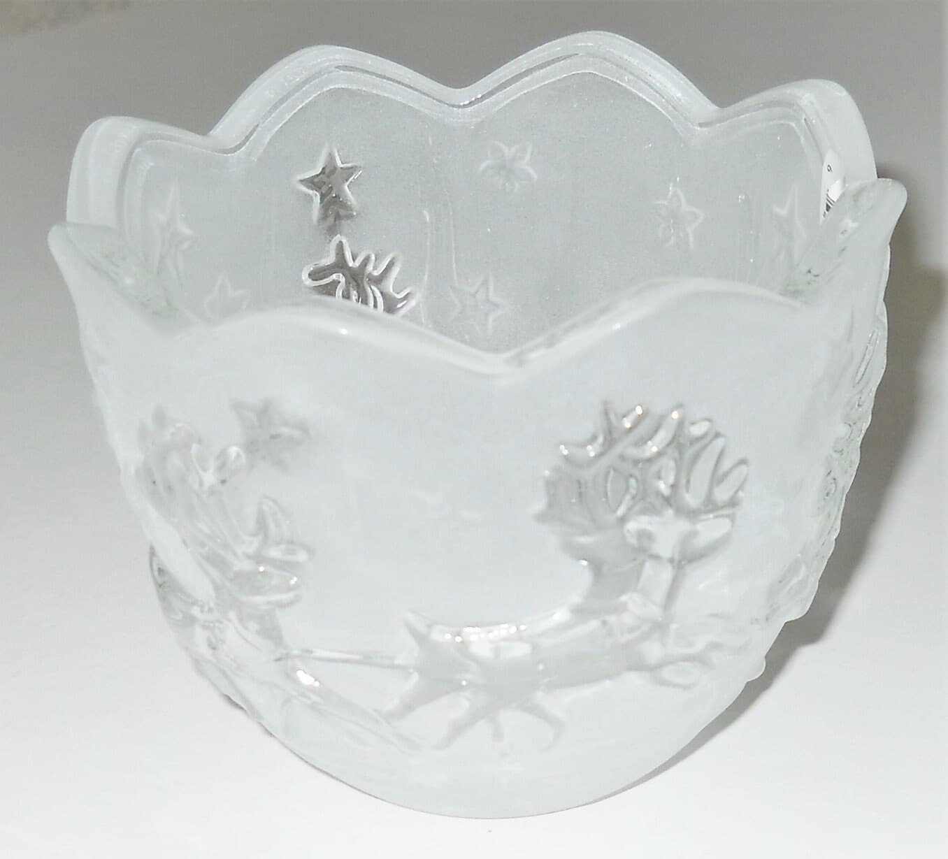 Vintage Mikasa Christmas Votive - Frosted Crystal Candle Holder - Santa Claus and Reindeers - Embossed - image 3