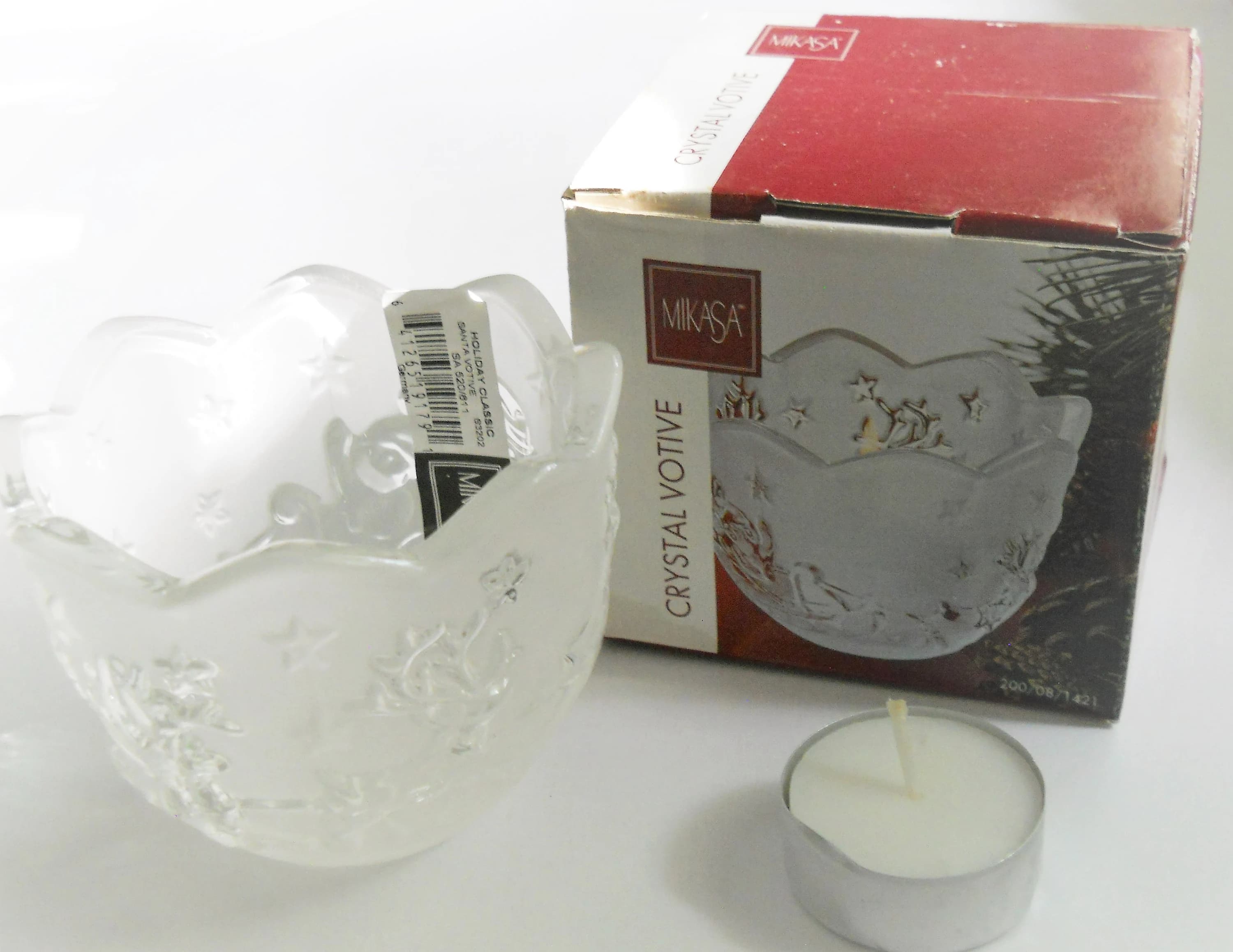 Vintage Mikasa Christmas Votive - Frosted Crystal Candle Holder - Santa Claus and Reindeers - Embossed - image 4