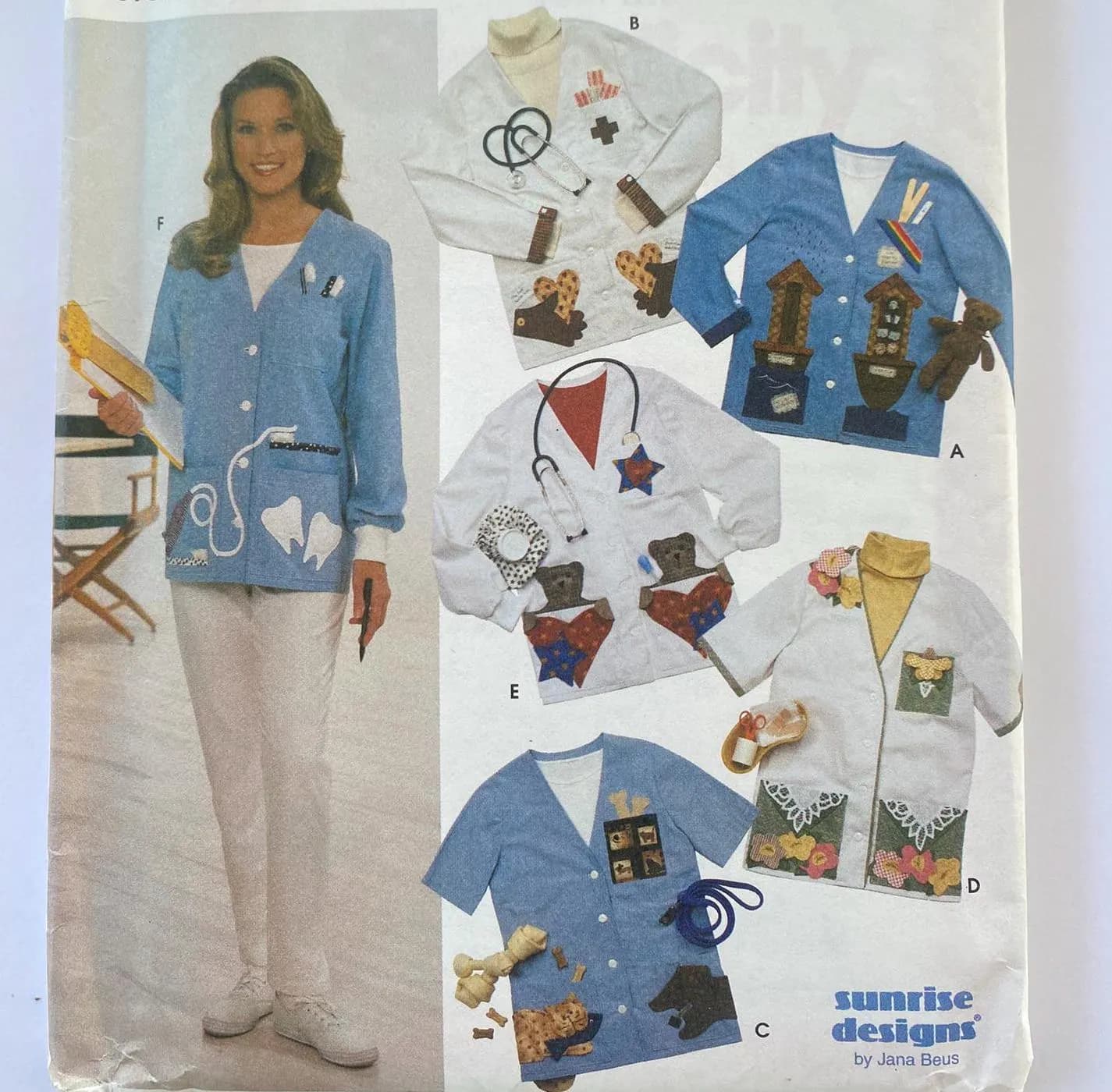 Simplicity Crafts 8005 Vintage Sewing Pattern, Misses' Scrub Jacket with Appliques, 1990s, Size AA XS, S, M, Sunrise Designs by Jana Beus