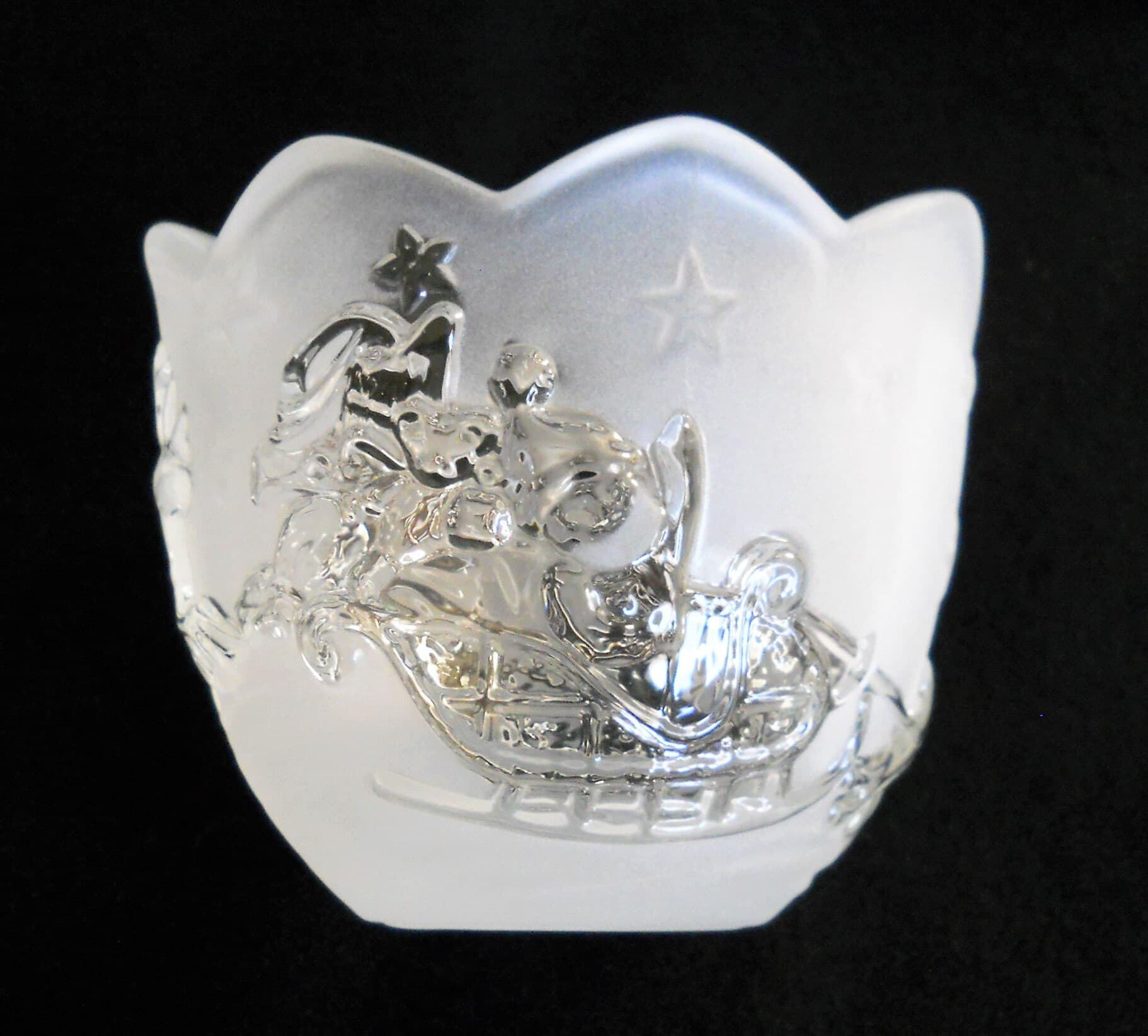 Vintage Mikasa Christmas Votive - Frosted Crystal Candle Holder - Santa Claus and Reindeers - Embossed - image 2