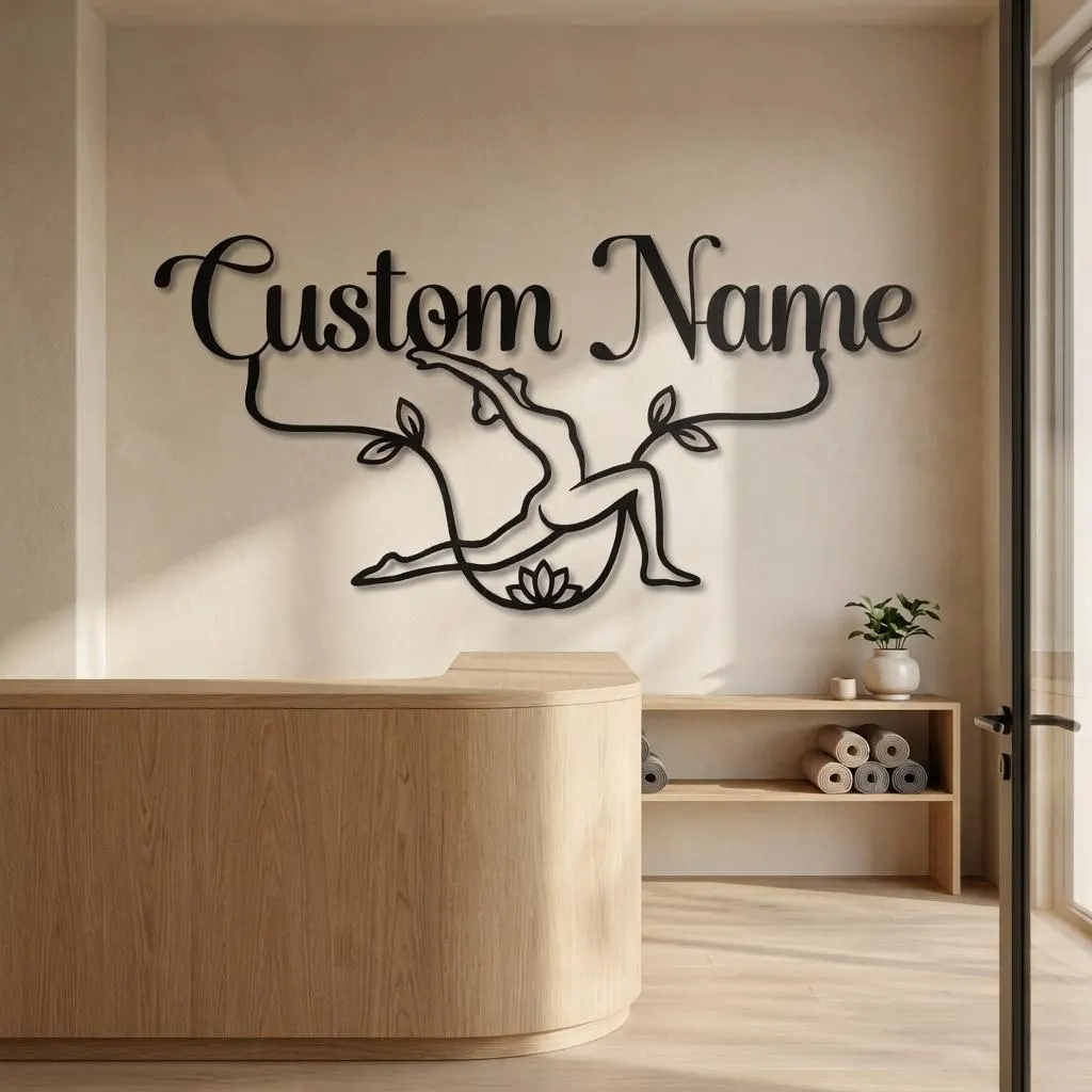 Personalized Yoga Metal Wall Art, Custom Studio Name Sign, Stretching Pose Decor, Wellness Room Accent, Yoga Teacher Gift Ideas Decor
