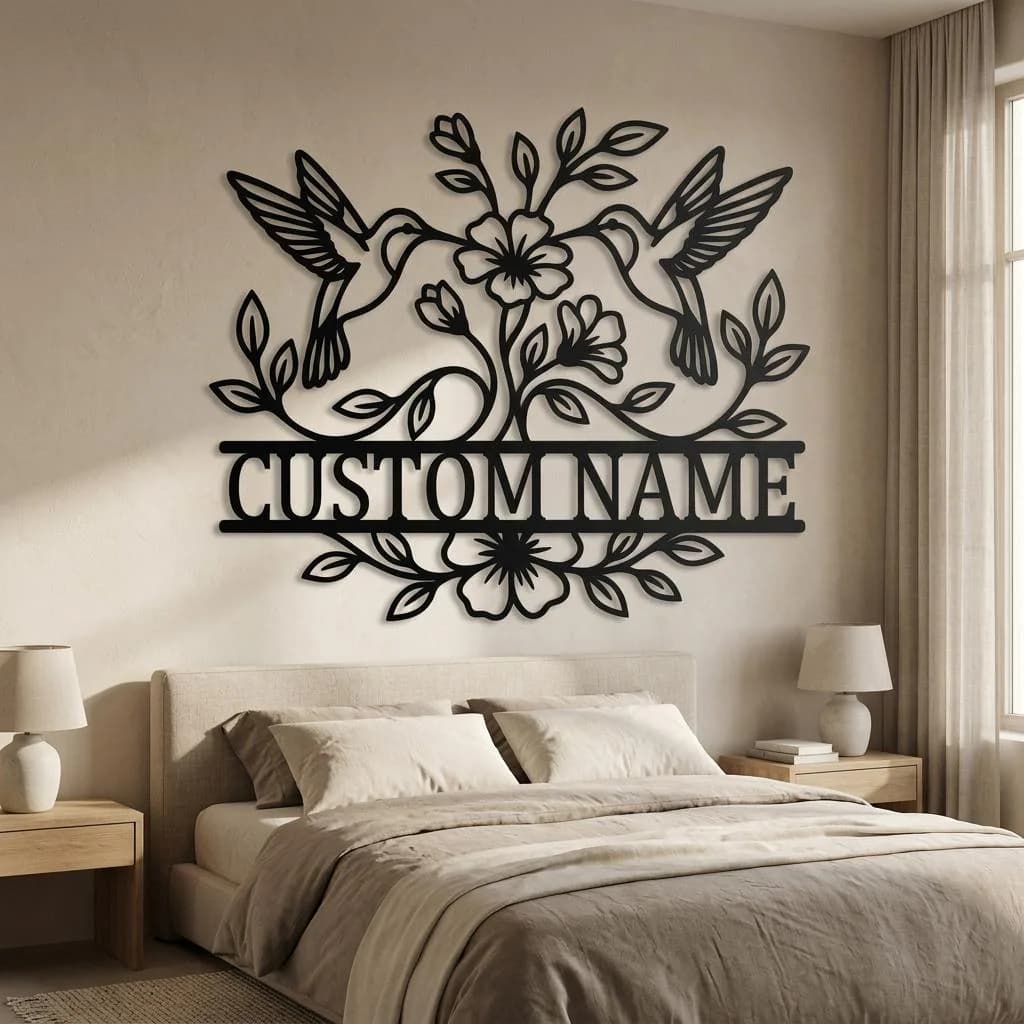 Personalized Hummingbird Metal Wall Art, Custom Family Name Sign, Floral Garden Decor, Bird Lover Gift, Outdoor Patio Accent for Home