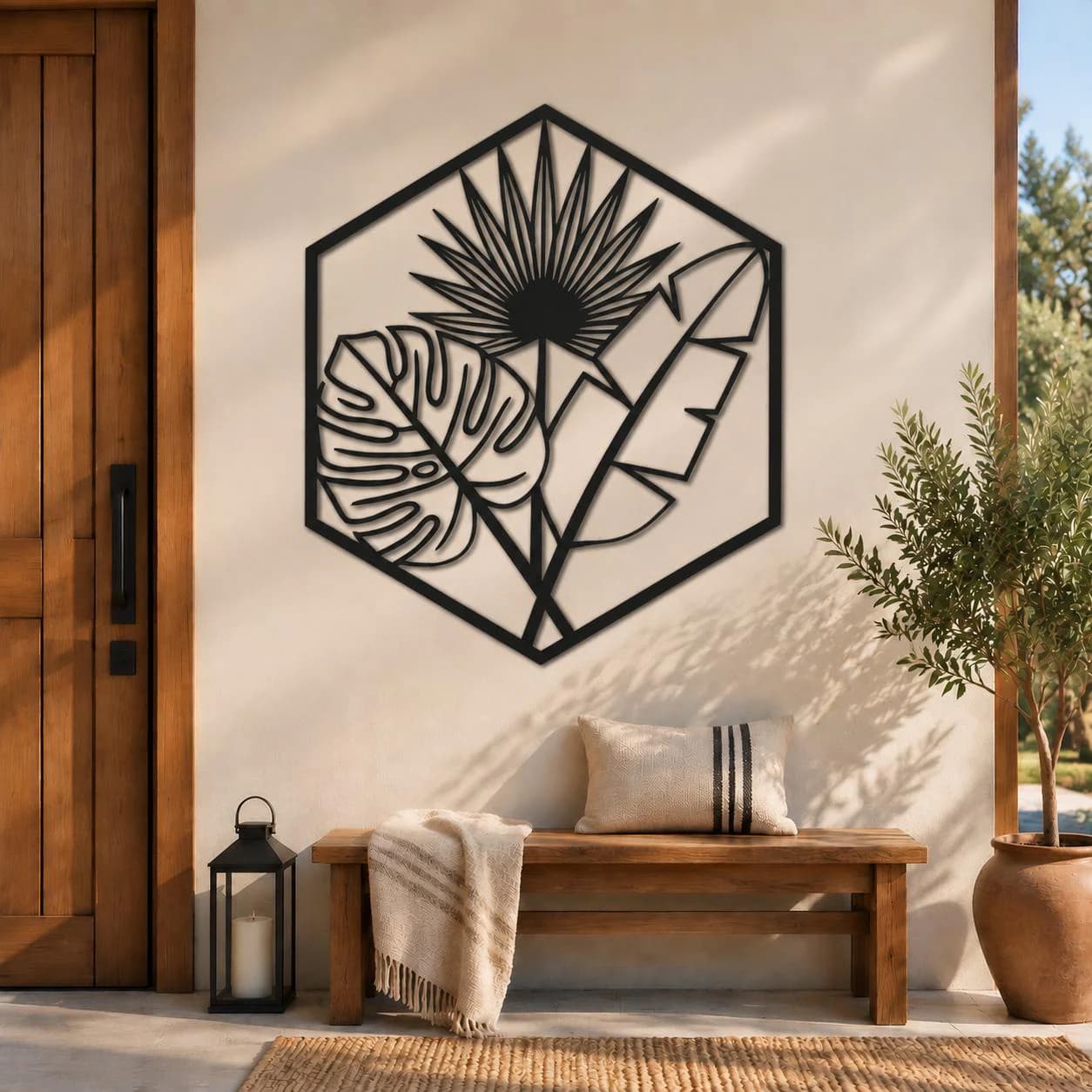 Tropical Metal Wall Art, Monstera Leaf Decor, Botanical Wall Art, Sun Wall Decor, Boho Metal Art, Modern Home Decor, Hexagon Wall Art Accent