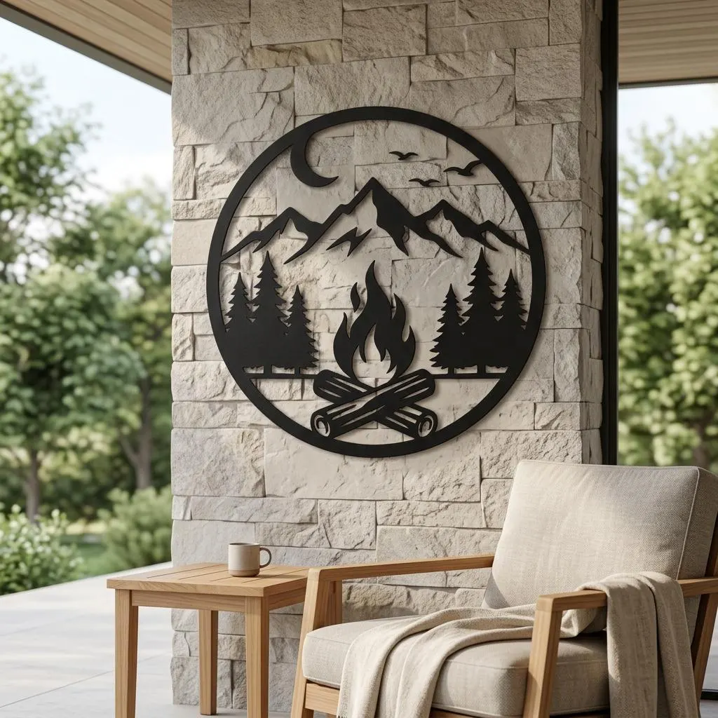 Campfire Metal Wall Art, Camping Decor, Fire Pit Sign, Cabin Decor, Forest Wall Art, Rustic Outdoor Decor, Nature Wall Hanging, Moon Designs