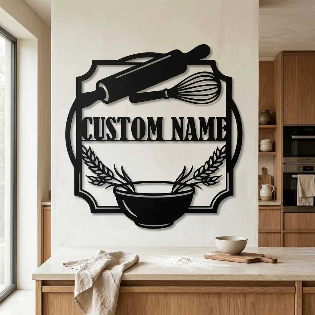 Personalized Baking Metal Wall Art, Custom Bakery Name Sign, Rolling Pin Decor, Whisk Kitchen Art, Baker Gift, Rustic Business Accent