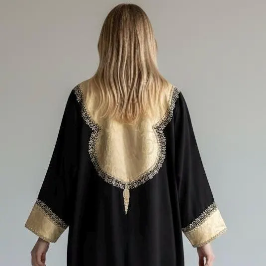 Luxury Chic Black /Ivory panels Open Abaya with handmade embroidery