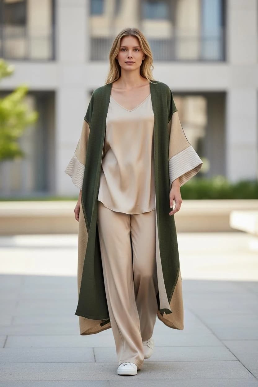 Modern Linen Olive & Beige kimono - image 4