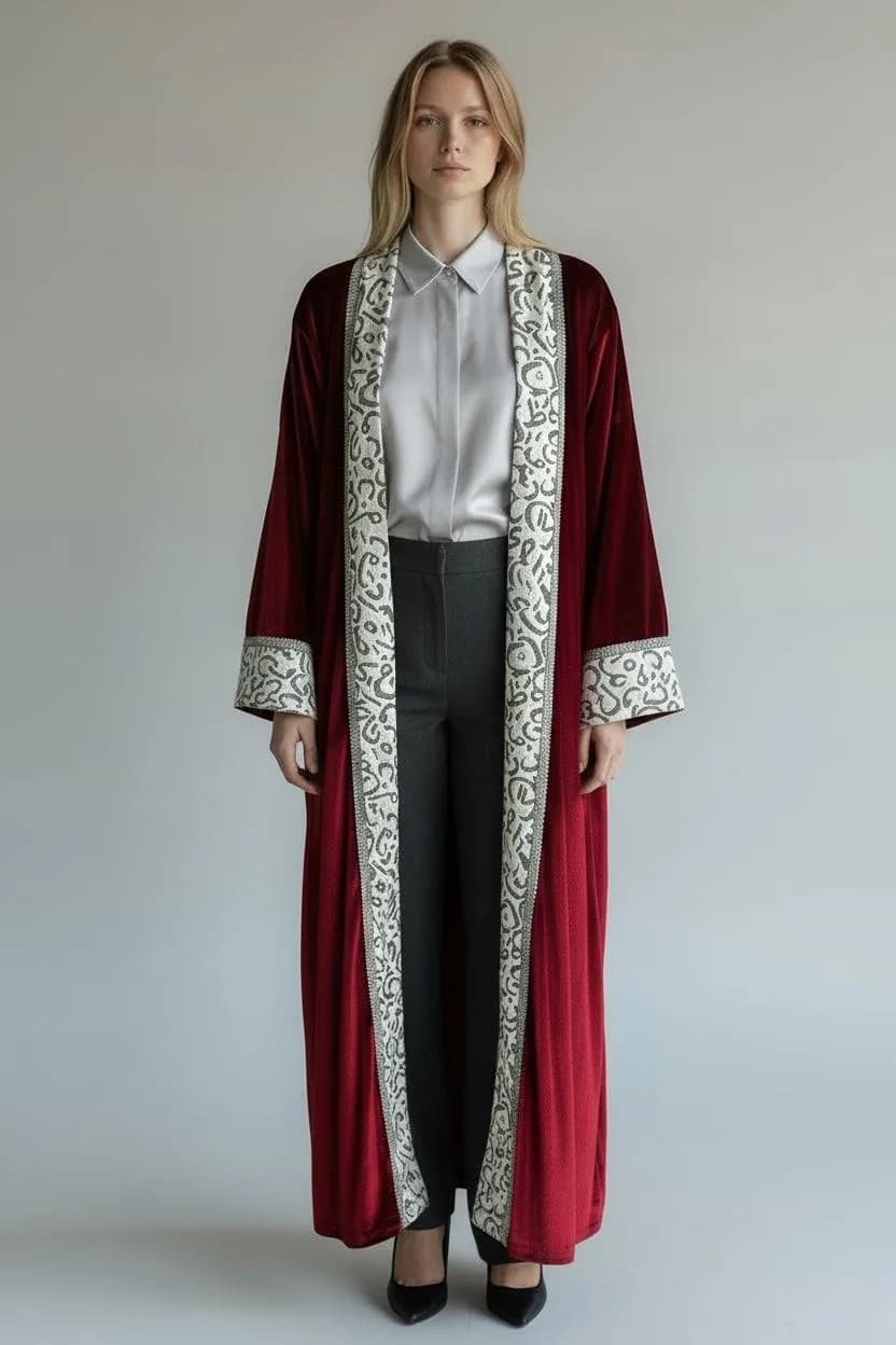 Luxury Burgundy Velvet Lined Kimono with Calligraphy Panel