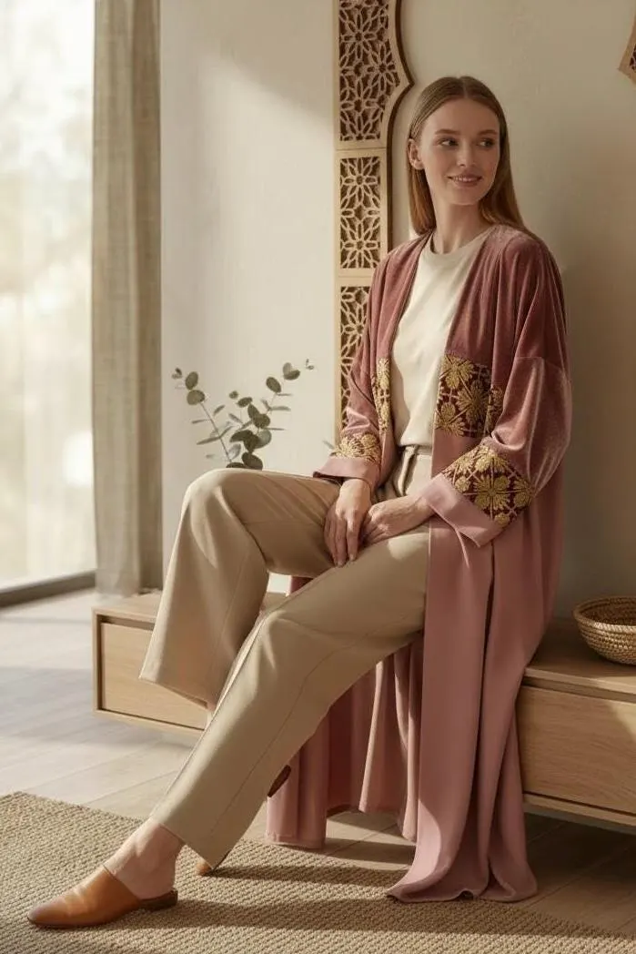 Luxury Dusty Rose Abaya – Velvet, Gabana Embroidery & Crepe | Handmade - image 5
