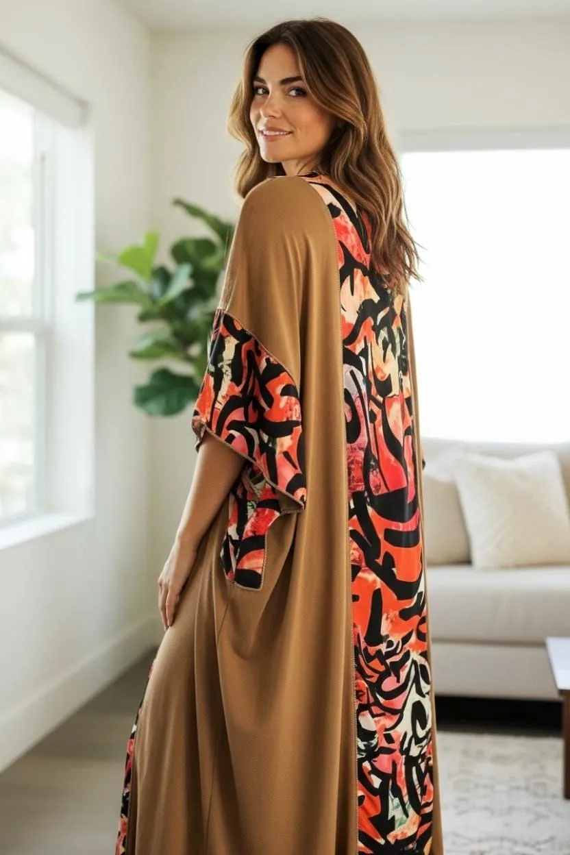 Modern Artistic Abaya / Kimono Style – Camel Brown & Taupe - image 3