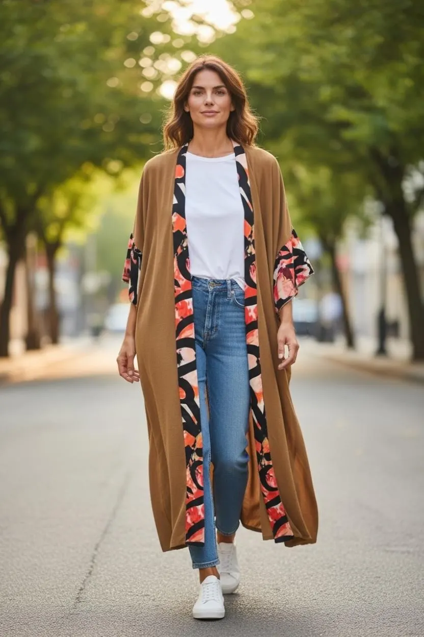 Modern Artistic Abaya / Kimono Style – Camel Brown & Taupe - image 5