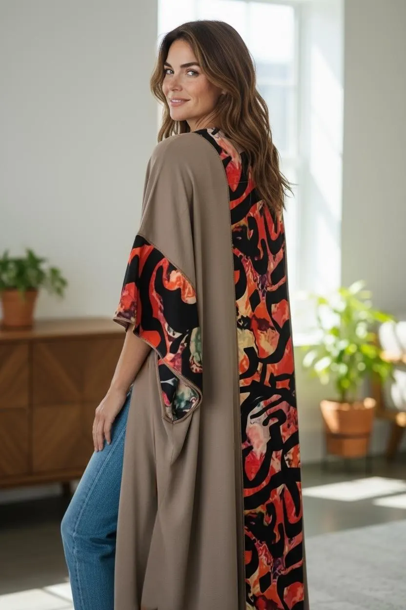 Modern Artistic Abaya / Kimono Style – Camel Brown & Taupe - image 4