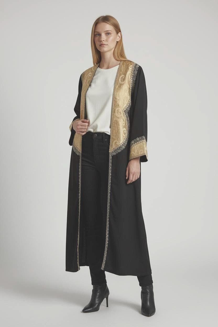 Luxury Chic Black /Ivory panels Open Abaya with handmade embroidery - image 2
