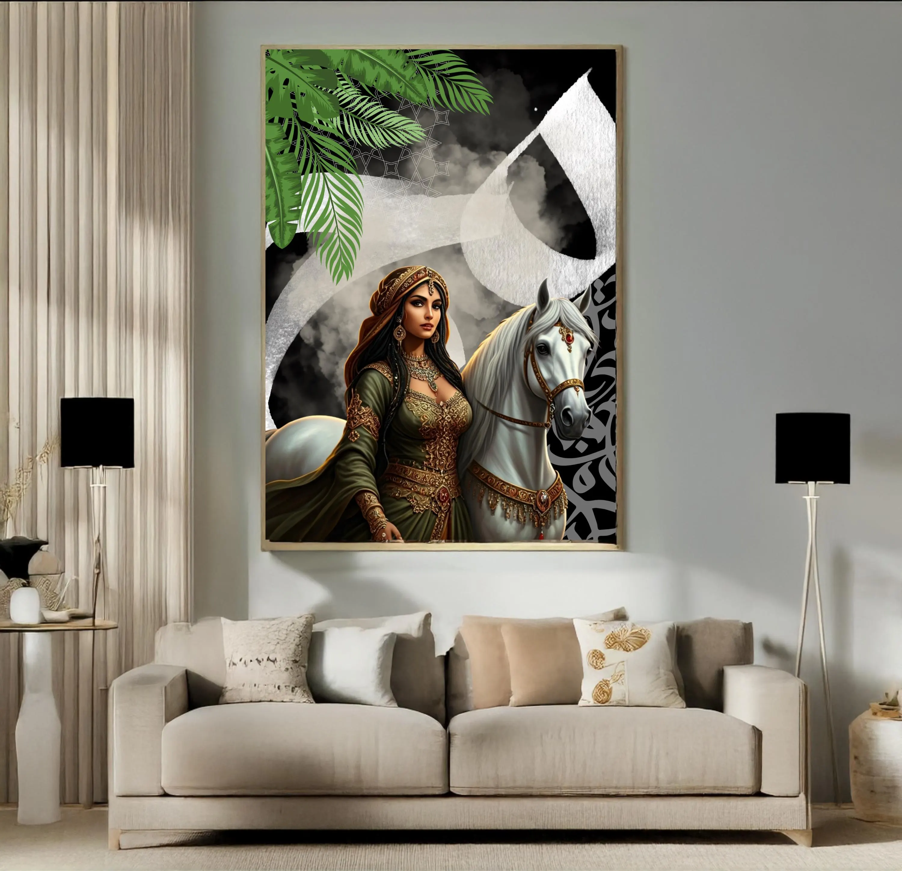 Arabian Woman with White Horse – Digital Wall Art | Oriental Printable Artwork