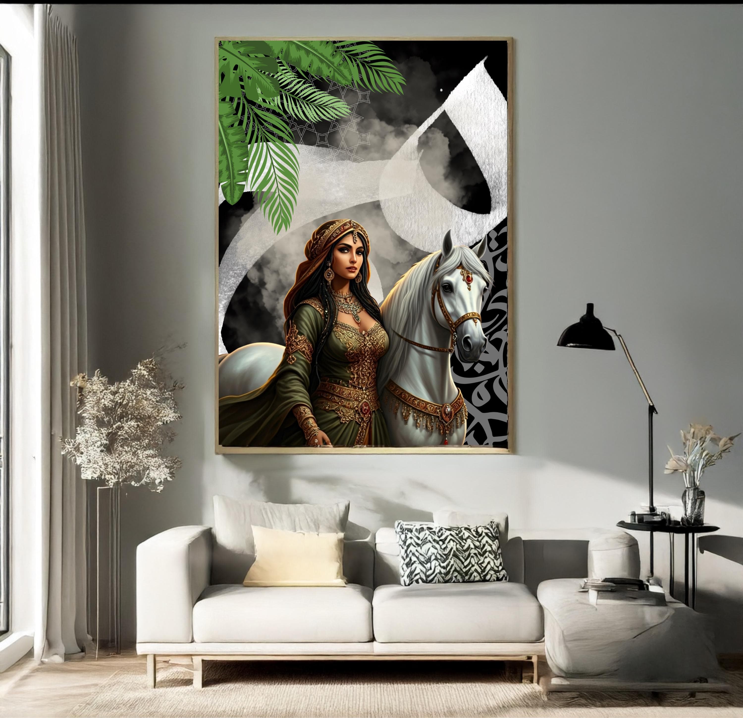 Arabian Woman with White Horse – Digital Wall Art | Oriental Printable Artwork