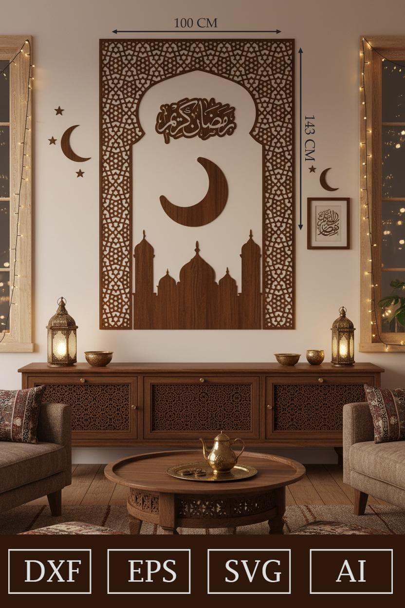 Islamic Wall Art SVG | Ramadan Arabic Calligraphy Laser Cut | Mosque Crescent Design - image 3