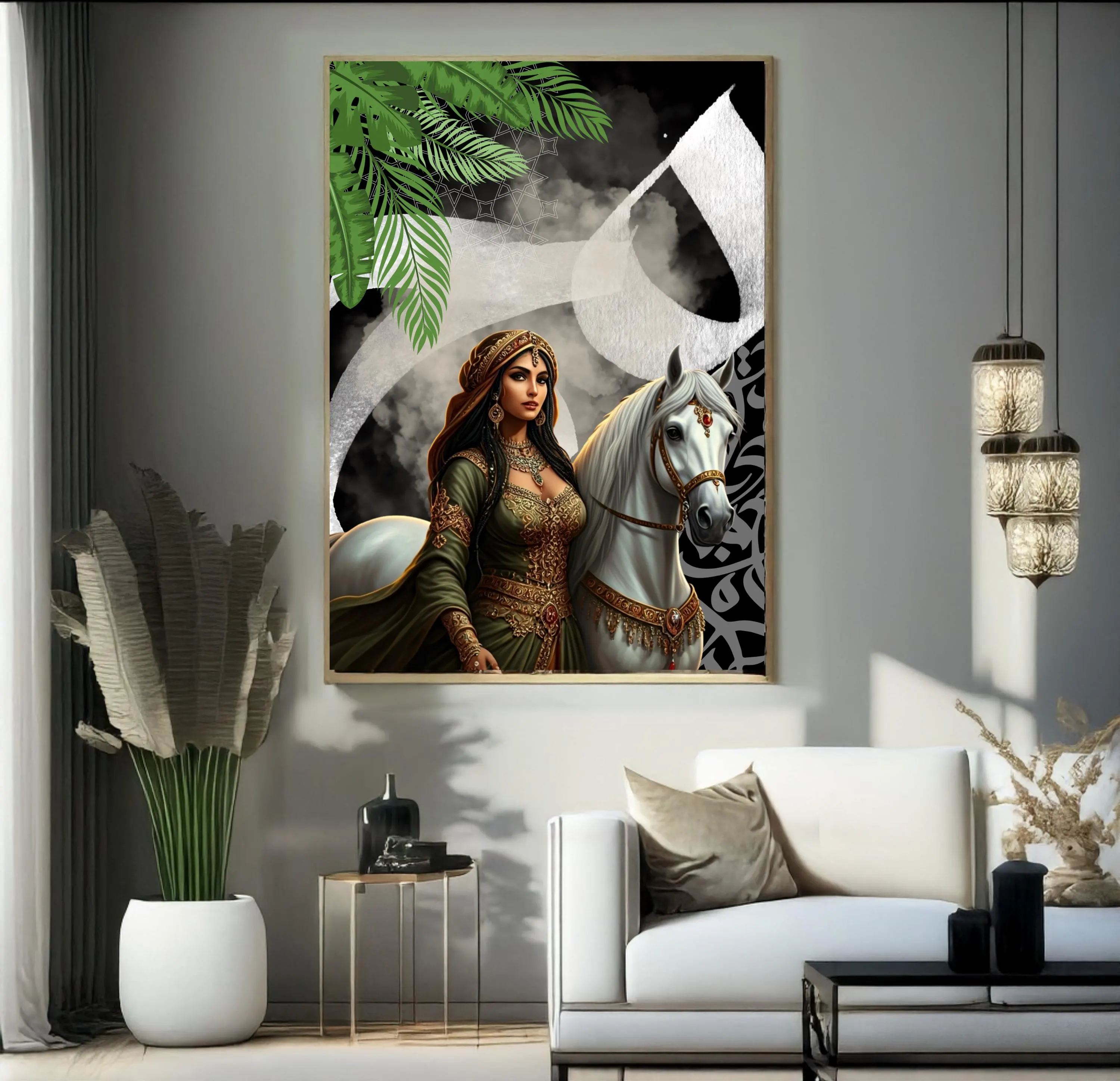 Arabian Woman with White Horse – Digital Wall Art | Oriental Printable Artwork