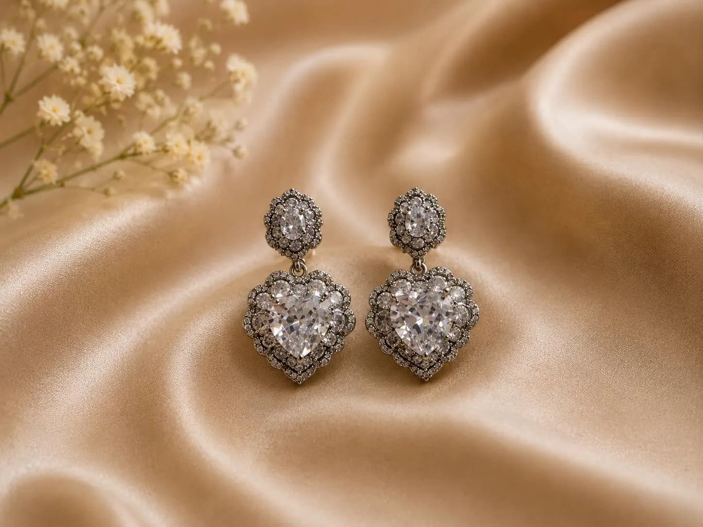 A pair of elegant diamond earrings with a heart-shaped design, placed on a textured beige fabric background.
