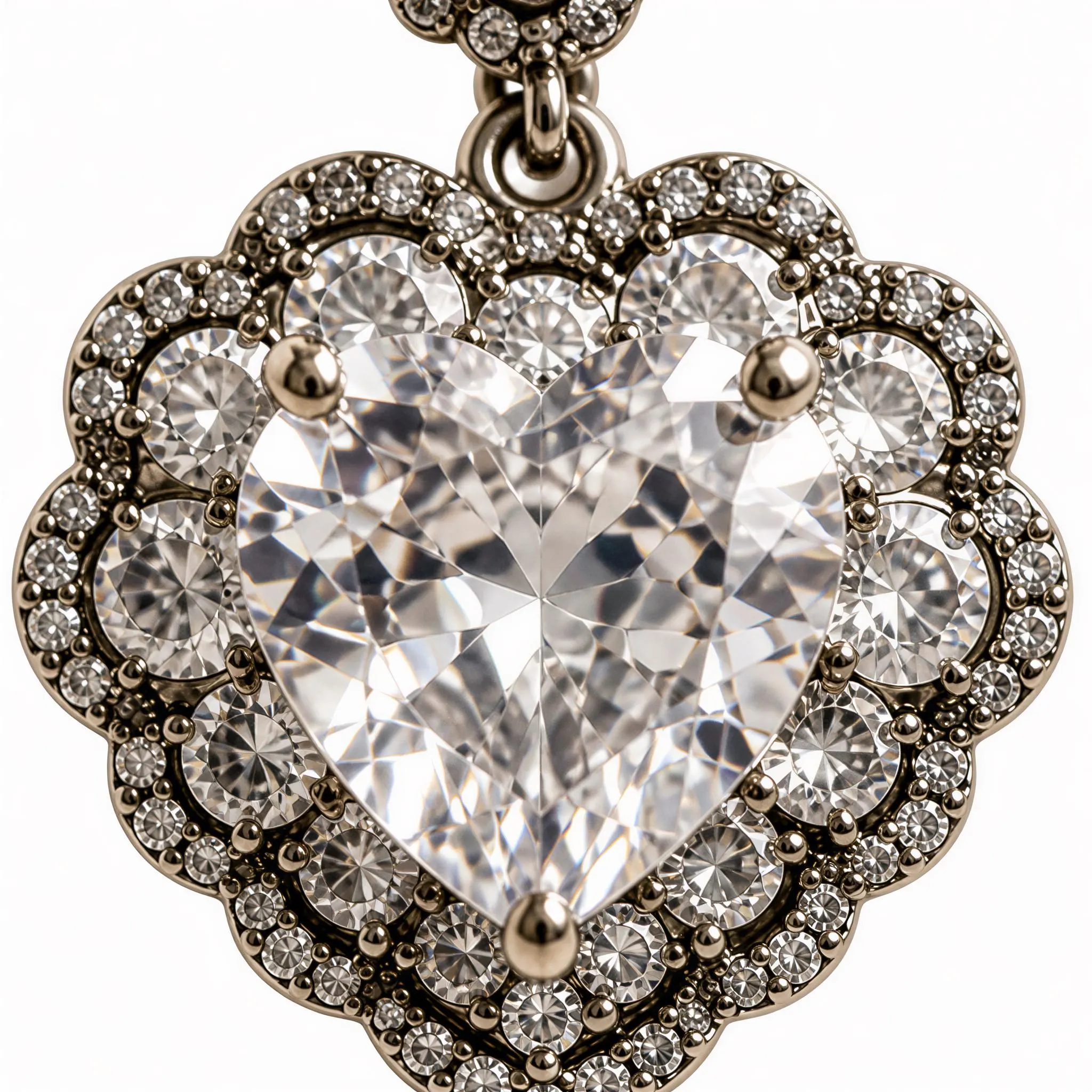 A close-up image of a large, clear gemstone set in a decorative metal frame with smaller gemstones surrounding it.