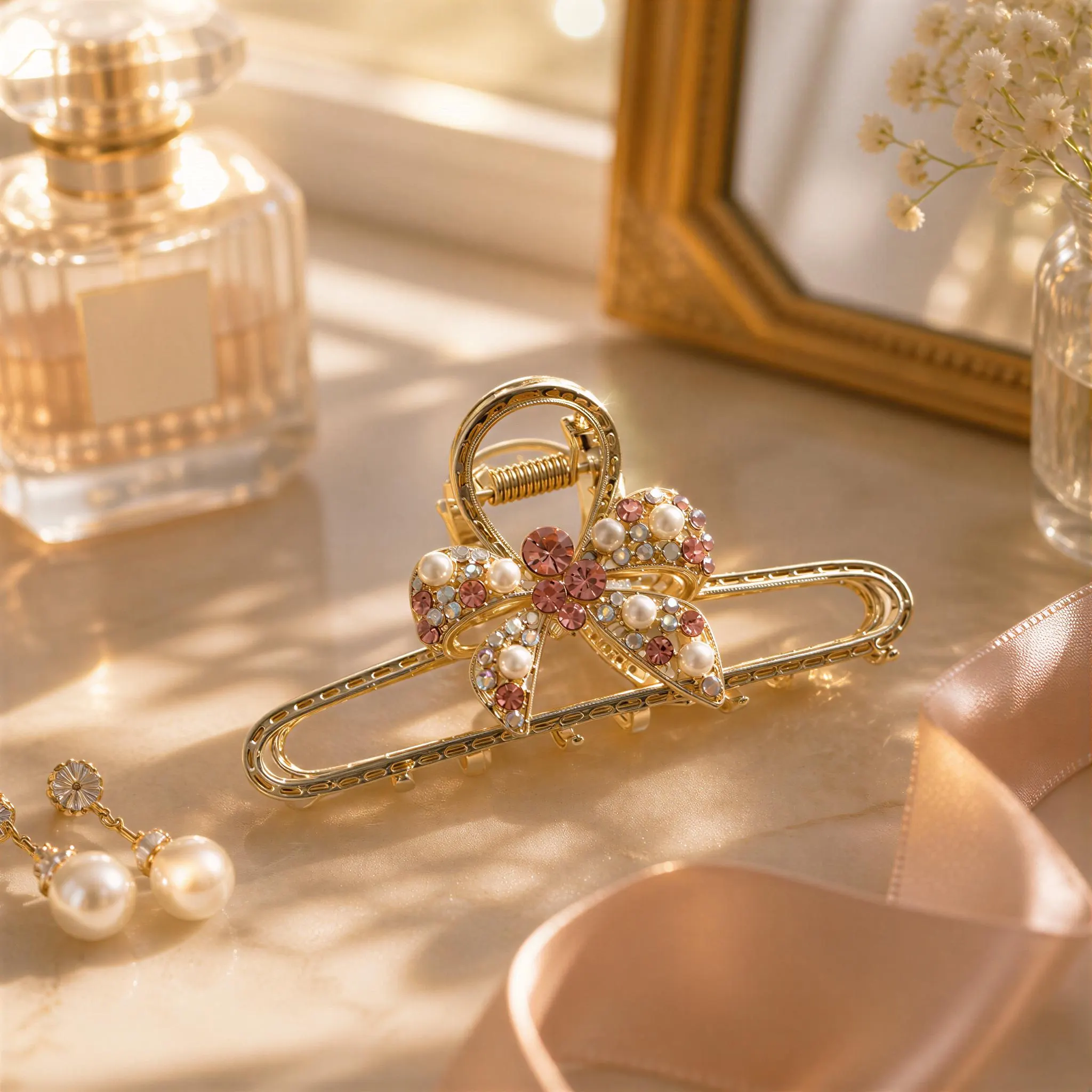 a gold hair clip adorned with pink and red jewels, placed on a marble surface alongside a perfume bottle, a framed picture, and a ribbon.