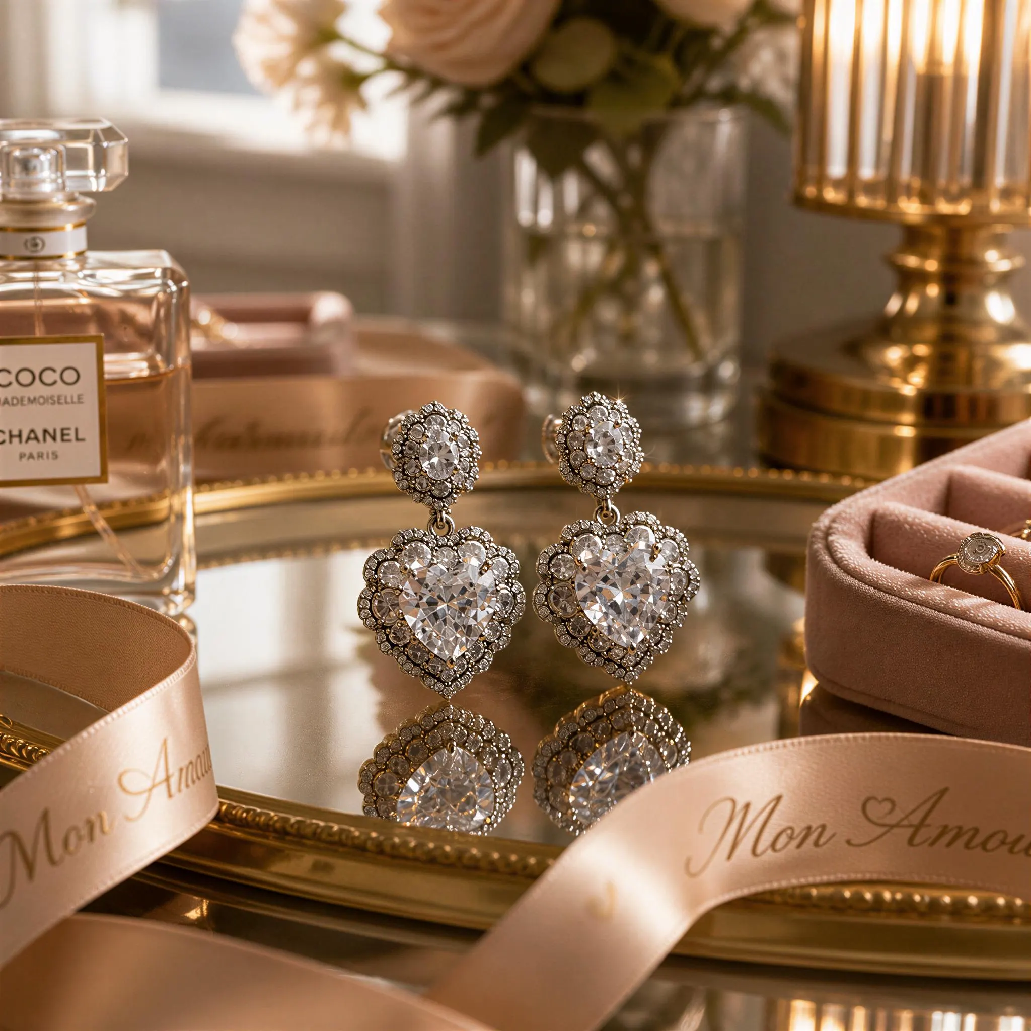 a collection of luxury items, including a perfume bottle, a pair of diamond earrings, and a pink jewelry box, all arranged on a reflective surface.