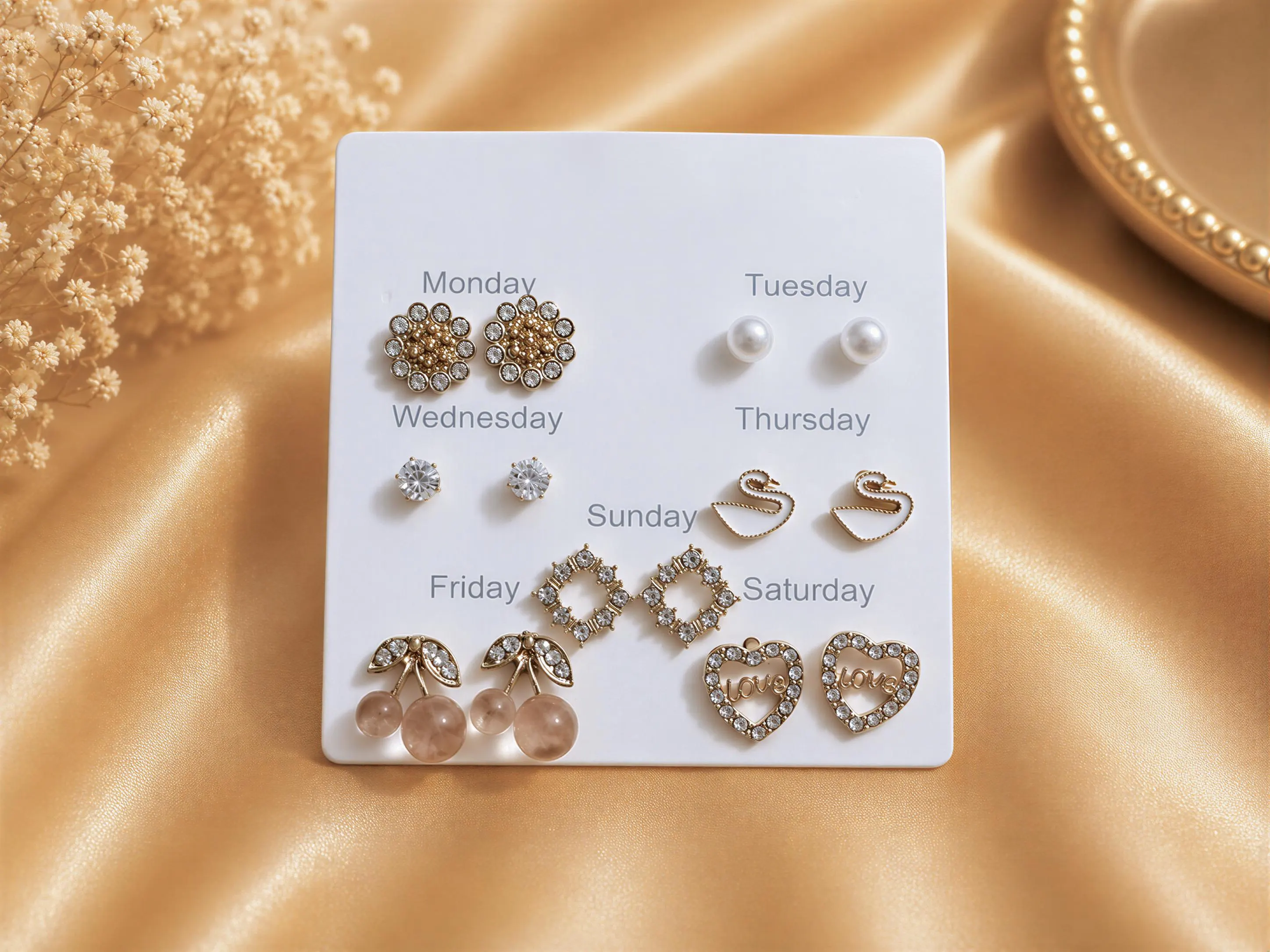 A collection of earrings and jewelry pieces displayed on a white card, with each piece labeled with the day of the week.