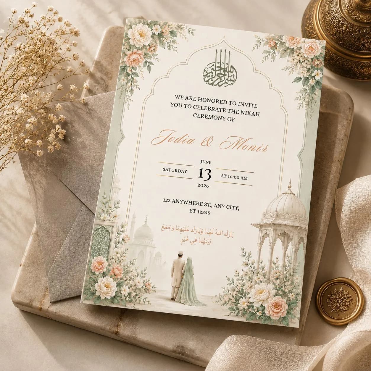 Luxury Islamic Wedding Invitation Canva Template, Elegant Sage Green Muslim Nikah Invitation Download - image 2