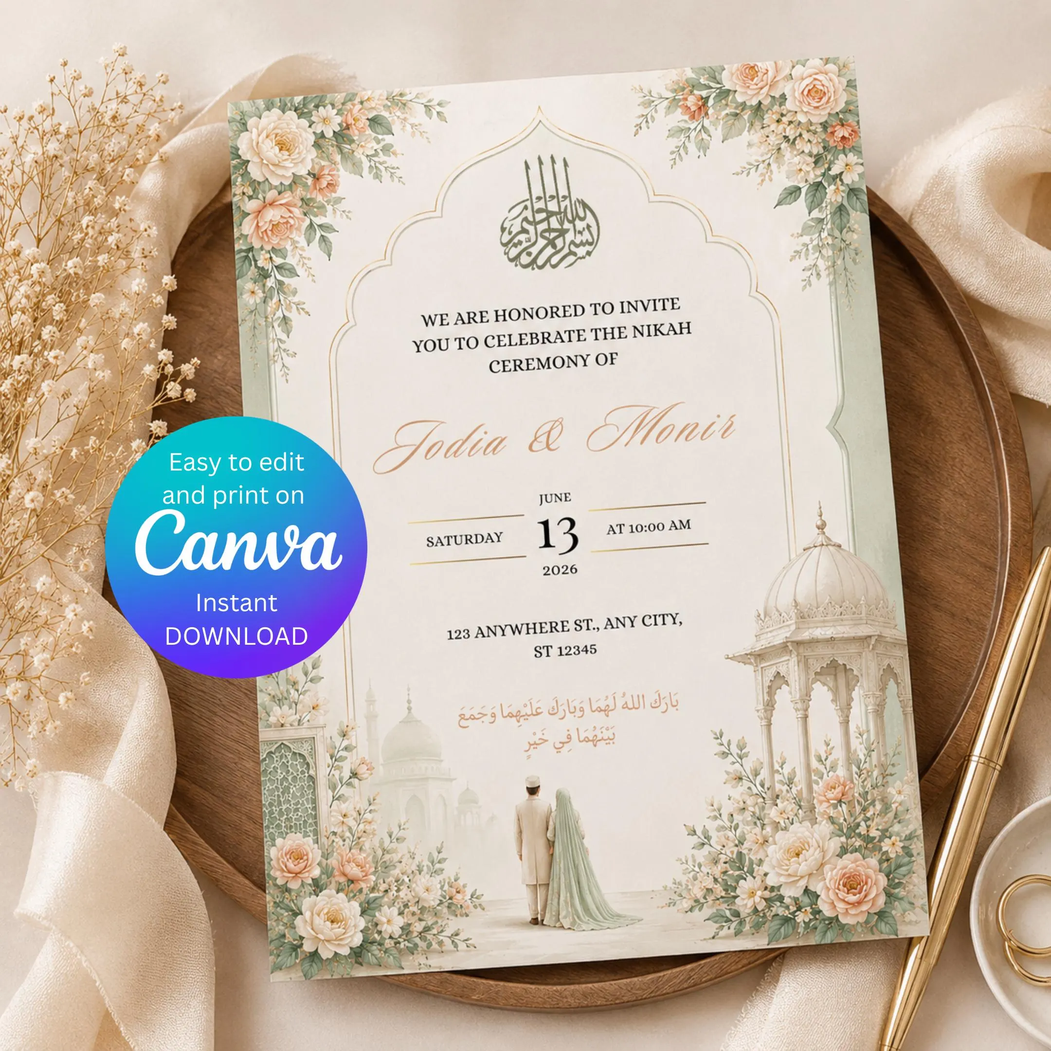 Luxury Islamic Wedding Invitation Canva Template, Elegant Sage Green Muslim Nikah Invitation Download - image 4