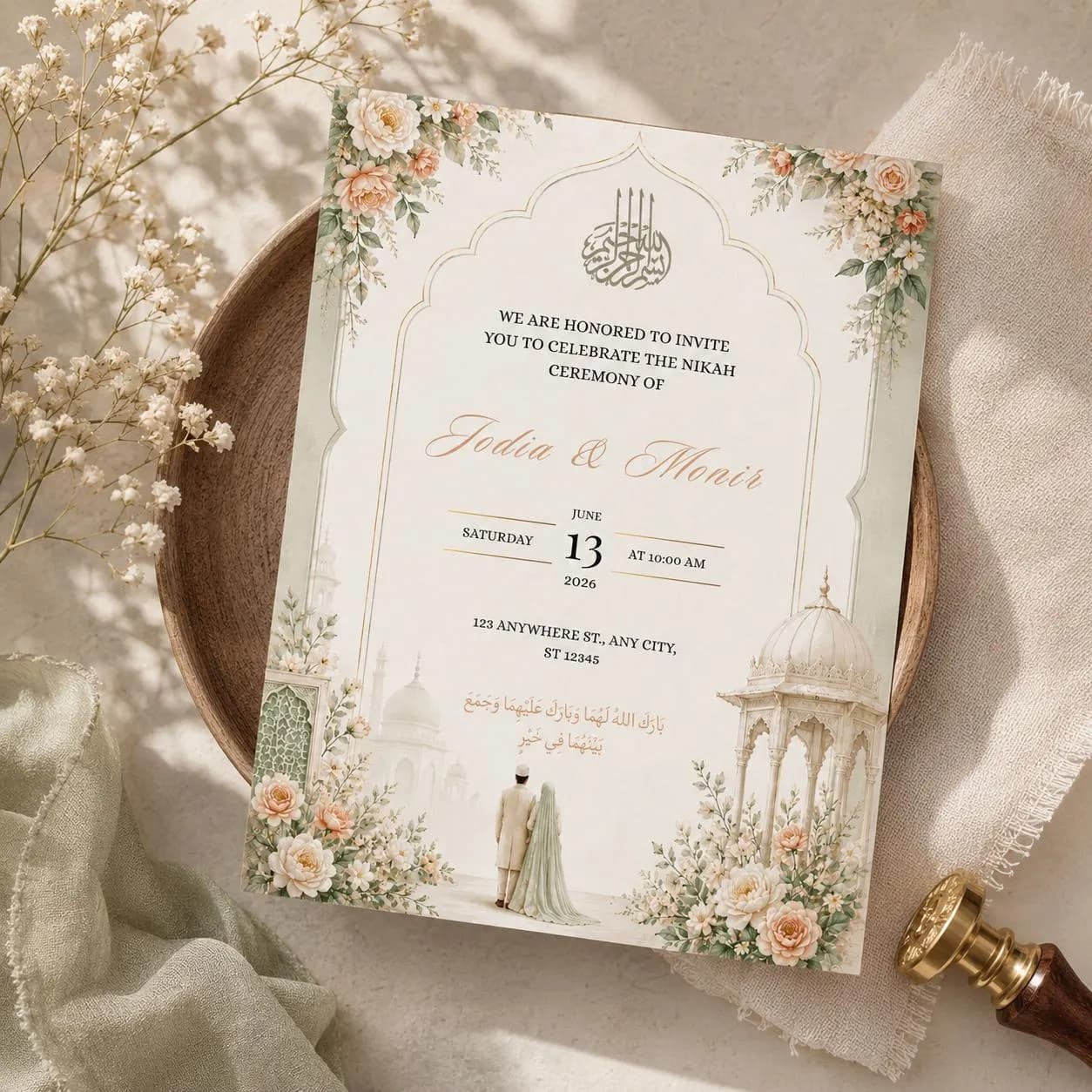 Luxury Islamic Wedding Invitation Canva Template, Elegant Sage Green Muslim Nikah Invitation Download - image 5