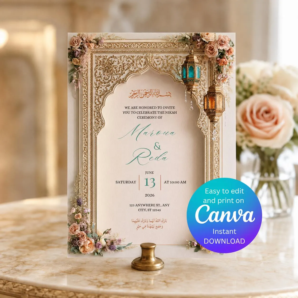 Ivory Gold Nikah Invitation Template, Blush Floral Nikkah Wedding Invite, Teal Lantern Islamic Wedding Card, Editable Canva - image 5