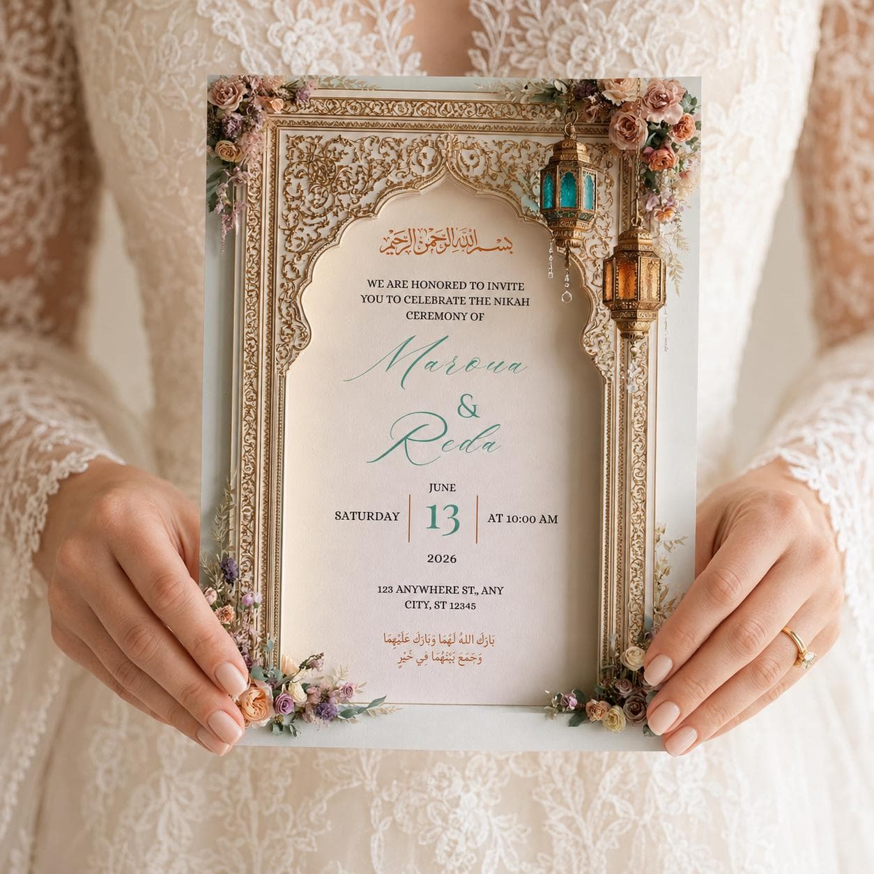 Ivory Gold Nikah Invitation Template, Blush Floral Nikkah Wedding Invite, Teal Lantern Islamic Wedding Card, Editable Canva - image 4