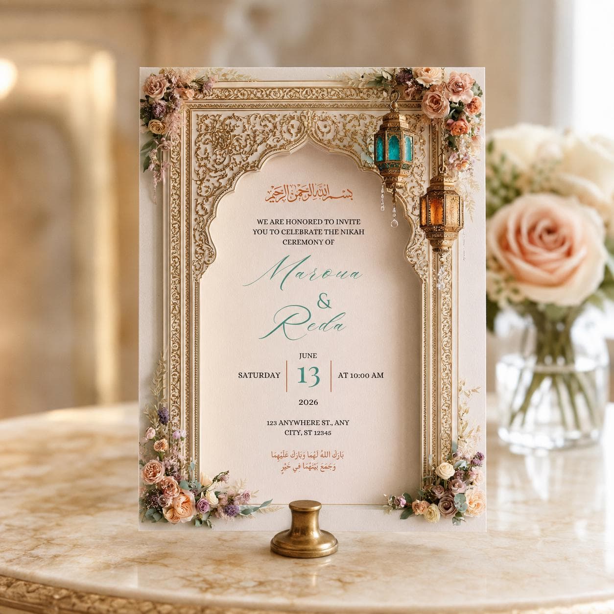 Ivory Gold Nikah Invitation Template, Blush Floral Nikkah Wedding Invite, Teal Lantern Islamic Wedding Card, Editable Canva - image 3