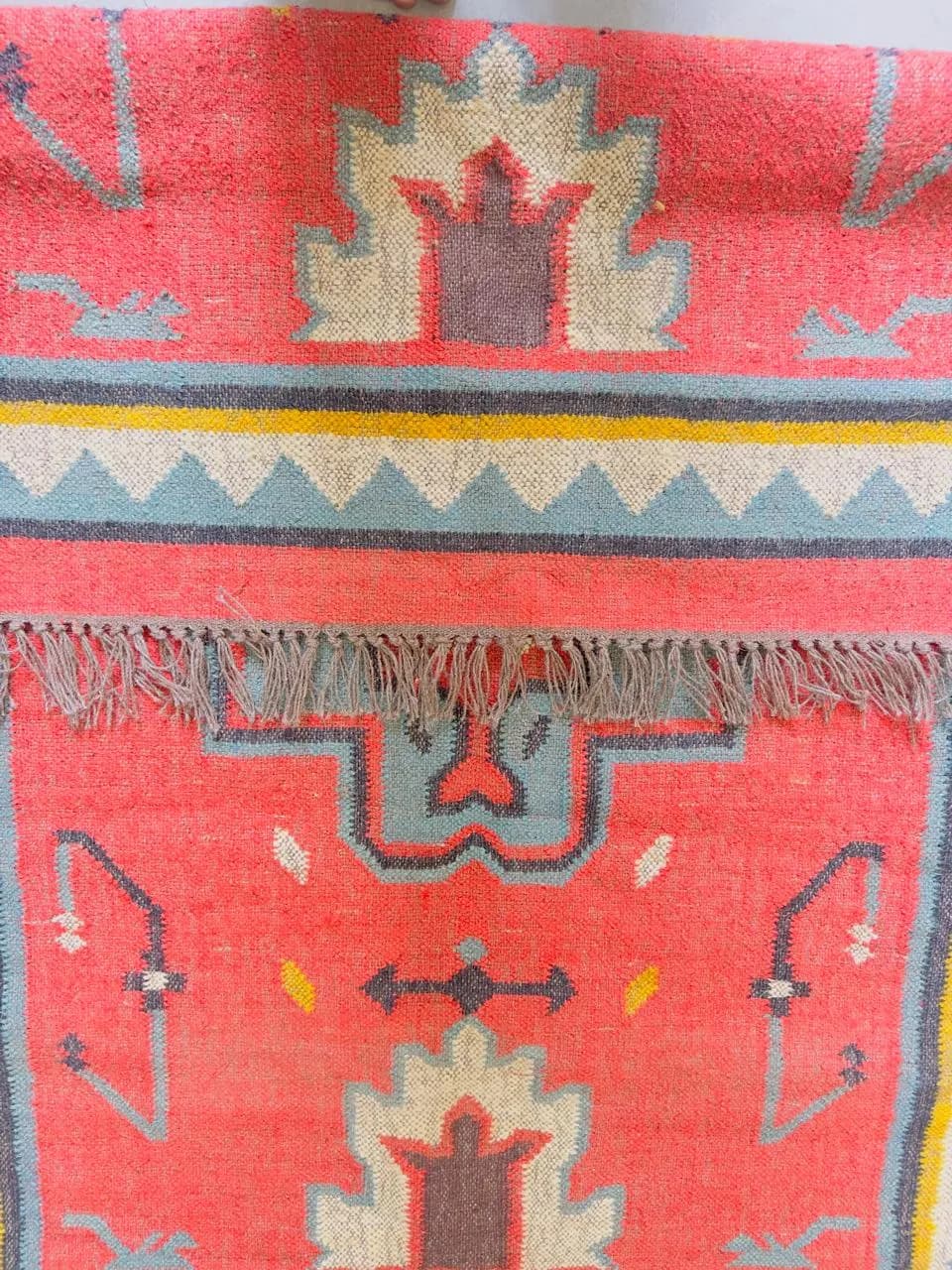 Handmade Wool Jute Boho Rug, Southwestern Tribal Geometric Area Rug, Rustic Farmhouse Living Room Carpet, Bohemian Floor Rug with Fringe - image 4