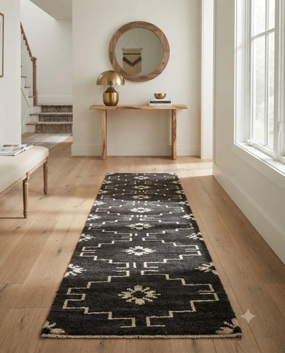 Handmade Wool Jute Stair Runner, Black Geometric Stair Runner, Custom Stair Carpet, Modern Wool Jute Runner, Indian Kilim Stair Rug - image 4