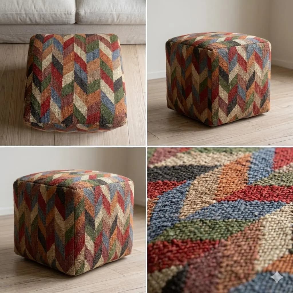 Colorful Boho Pouf Ottoman, Geometric Floor Pouf, Handmade Upholstered Footstool, Living Room Ottoman, Moroccan Style Pouf Cover only - image 3