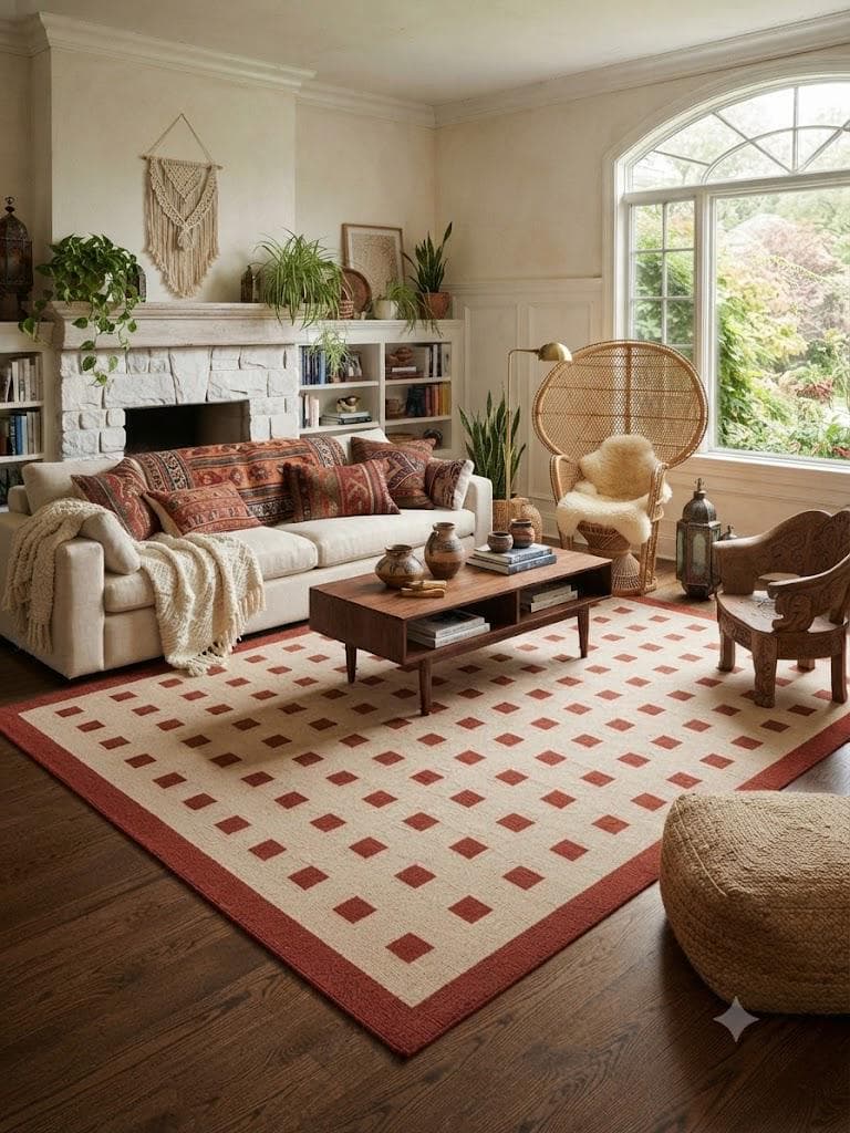 Rust Red Beige Area Rug, Handwoven Wool Jute Rug, Geometric Kilim Carpet, Boho Southwestern Living Room Rug, Flatweave Custom Size Carpet